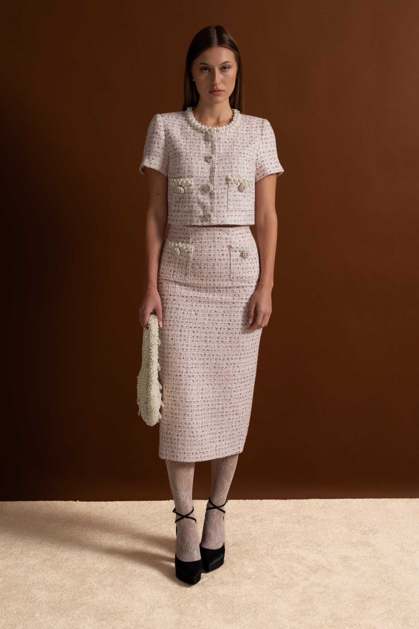 Gonna Midi a Vita Alta con Fascia Strutturata - Rosa