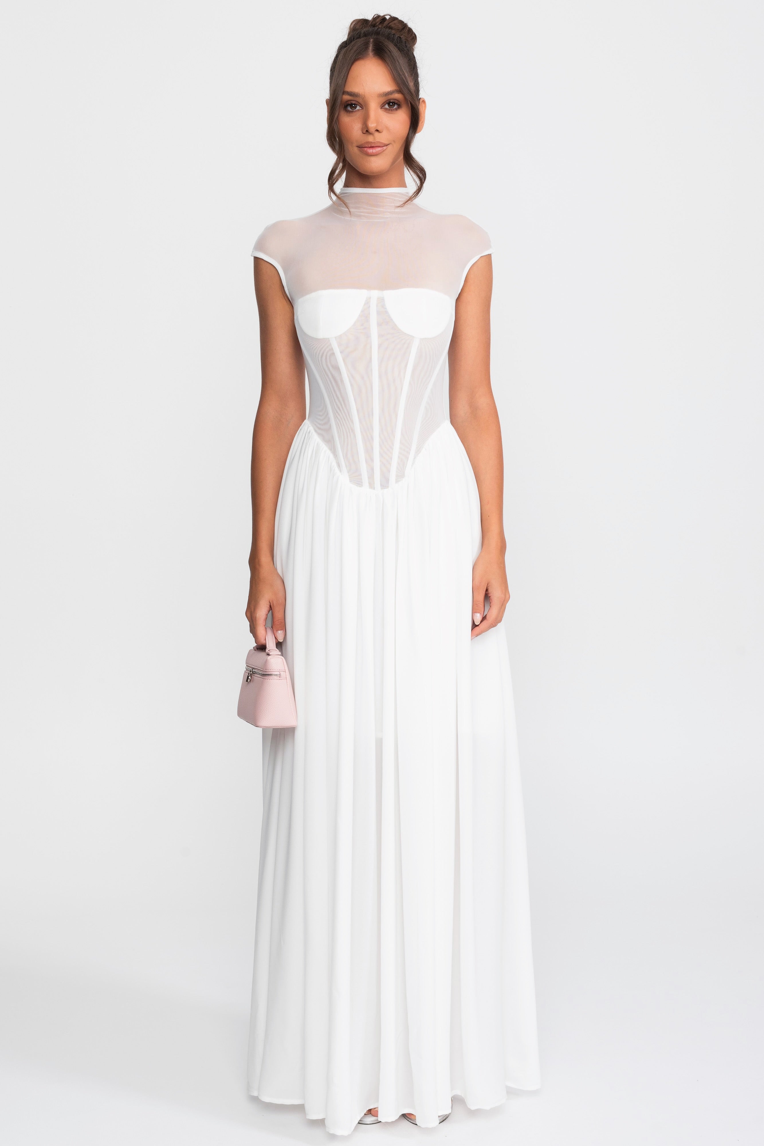 Abito Maxi Corsetto Trasparente con Maniche a Cappuccio - Bianco