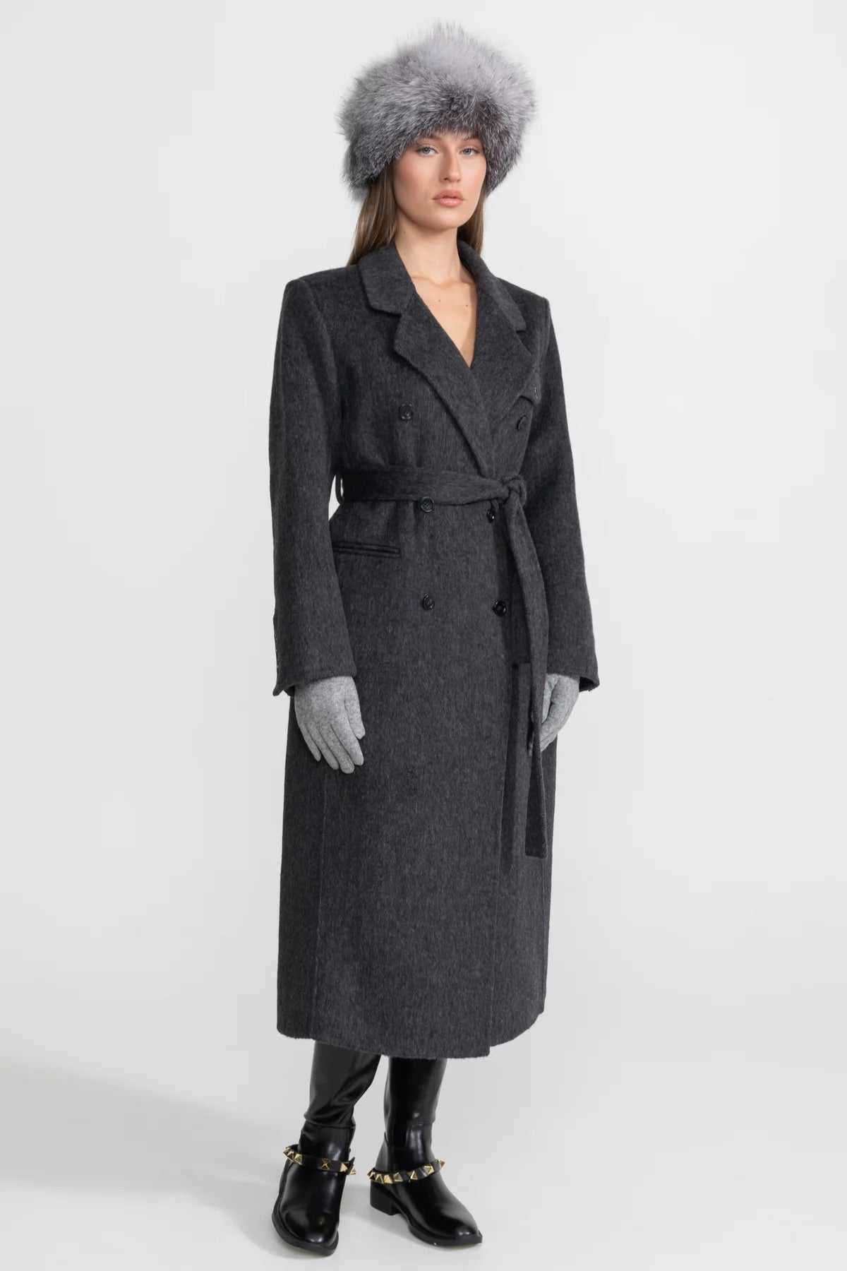 Double-Breasted Wool Coat With Waist Belt – Charcoal Grey