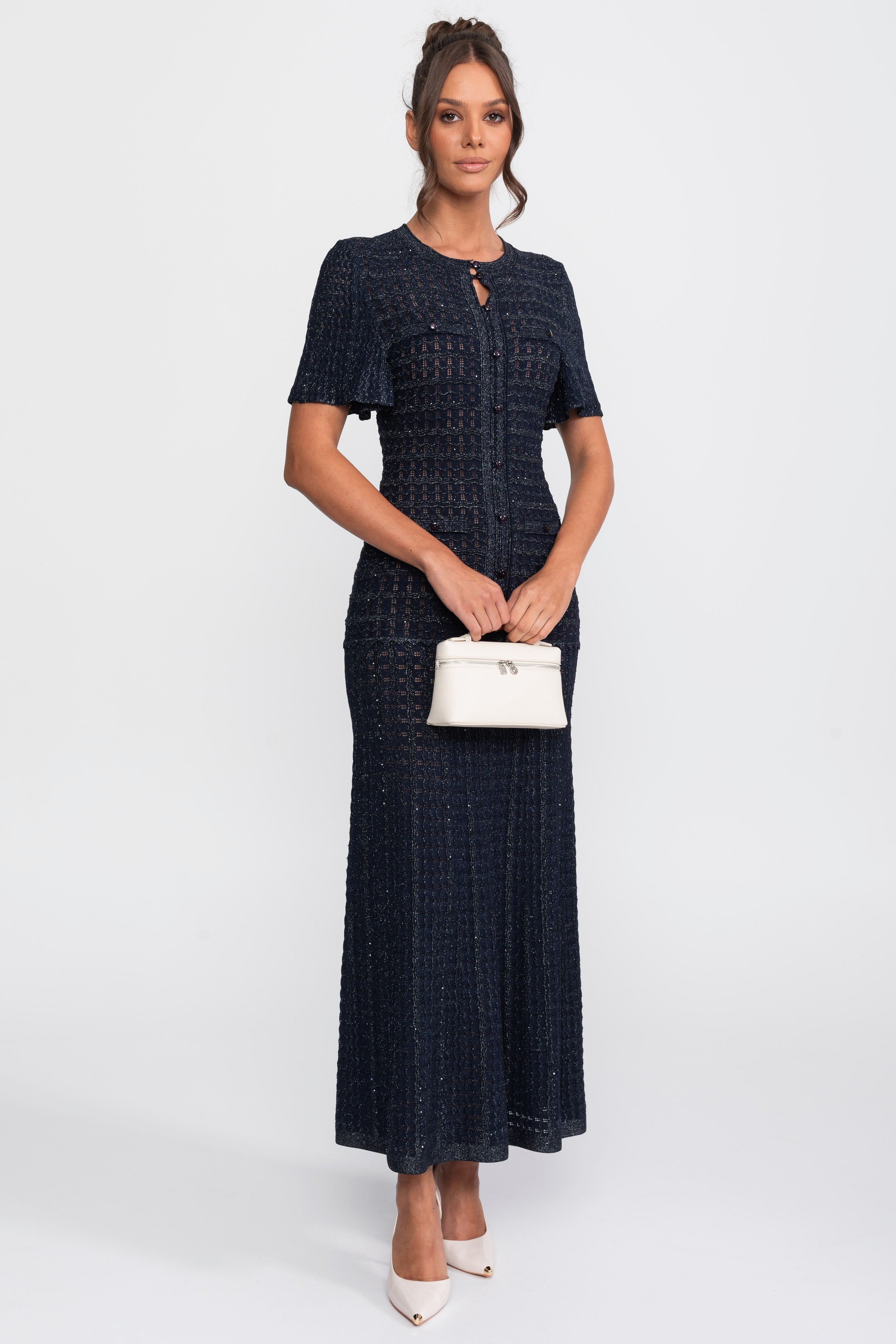 Short Sleeve Midi Dress With Shimmer Knit Texture - Navy