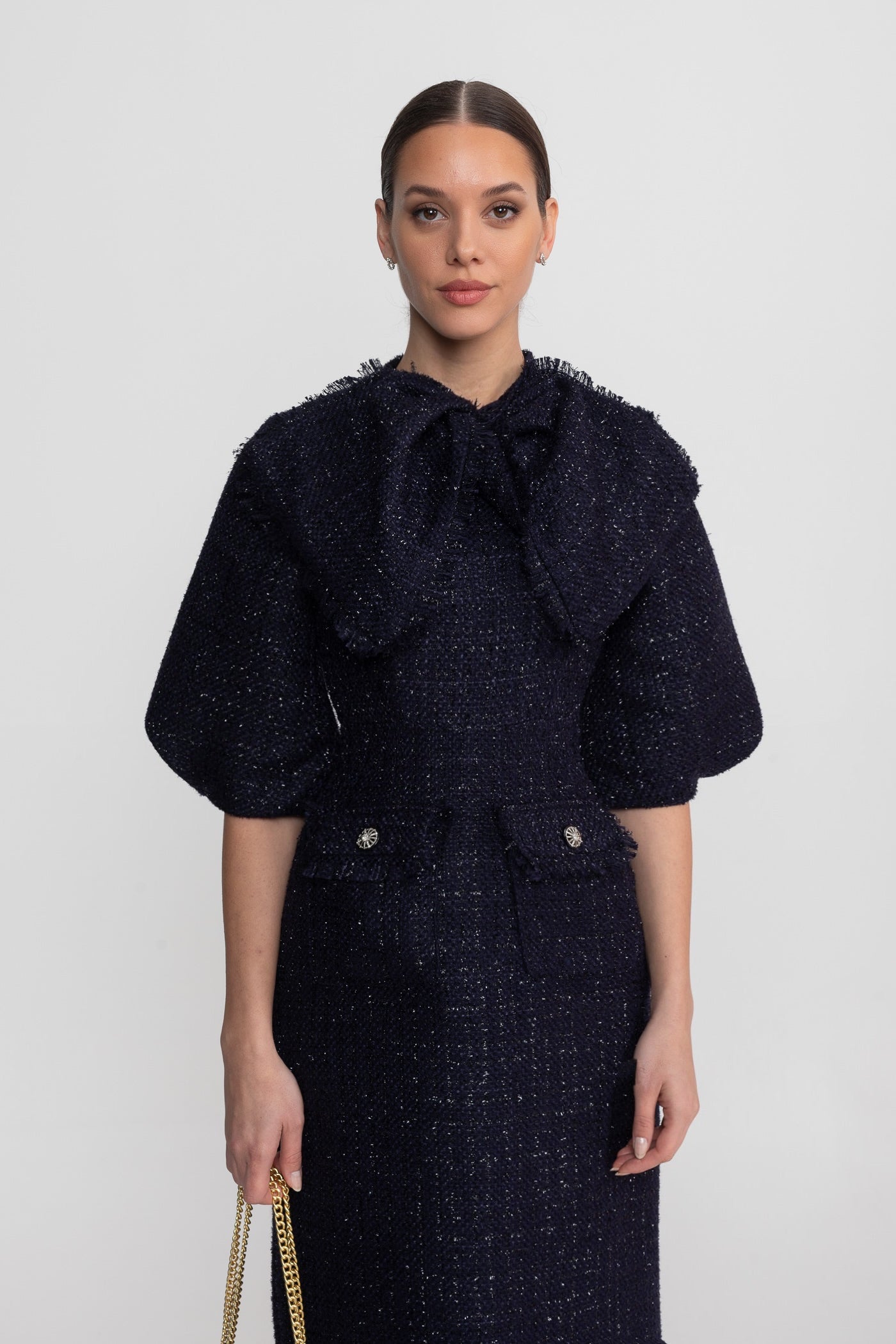 Abito Midi in Tweed con Dettaglio Fiocco Oversize al Collo - Navy
