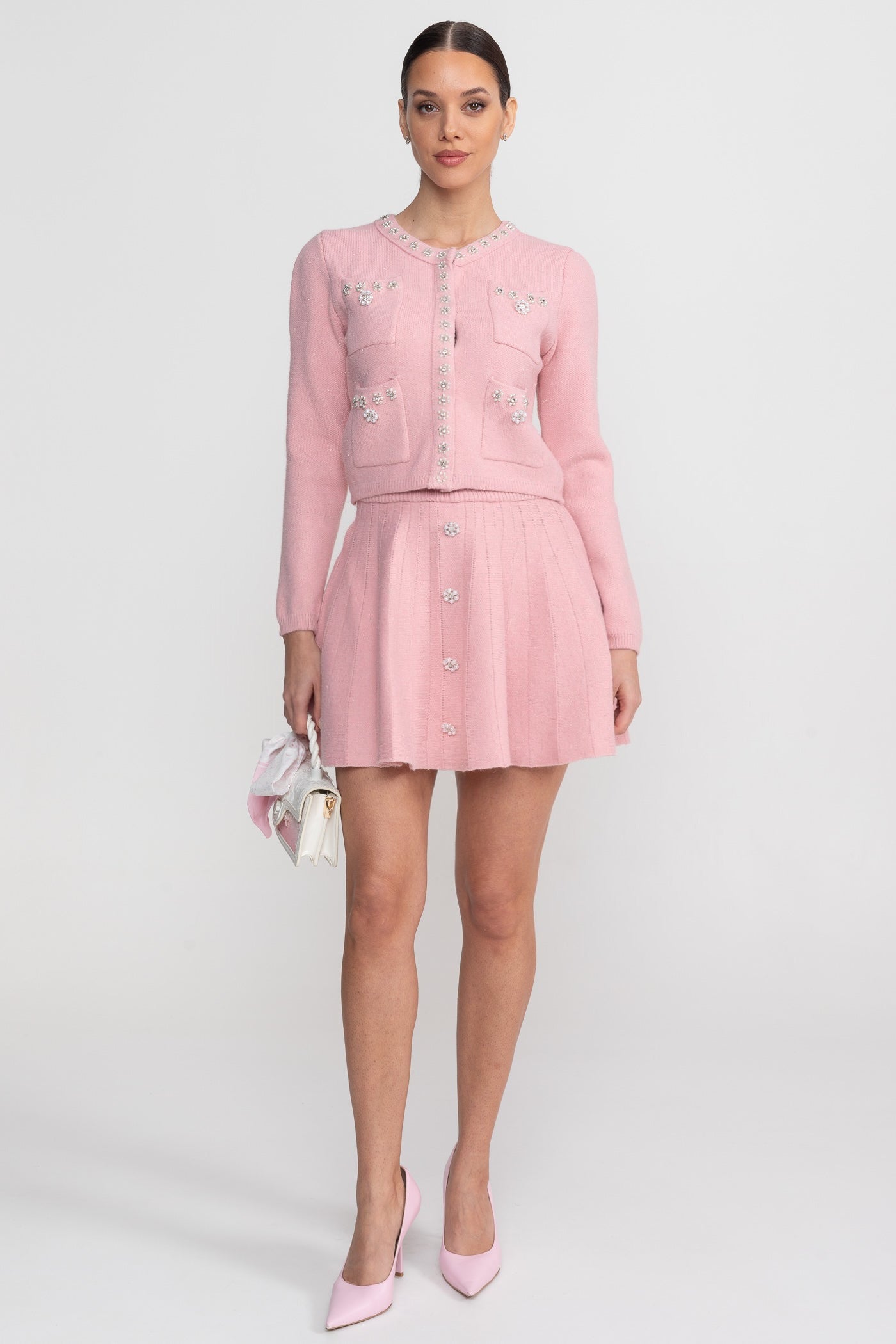 Completo in maglia con cardigan a maniche lunghe e minigonna abbinata - Blush Pink