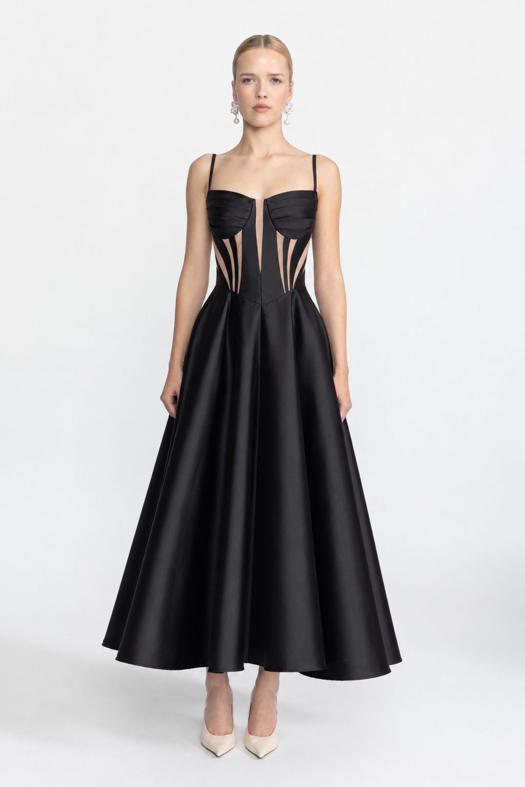 Sheer Panel Satin Corset Midi Dress - Black