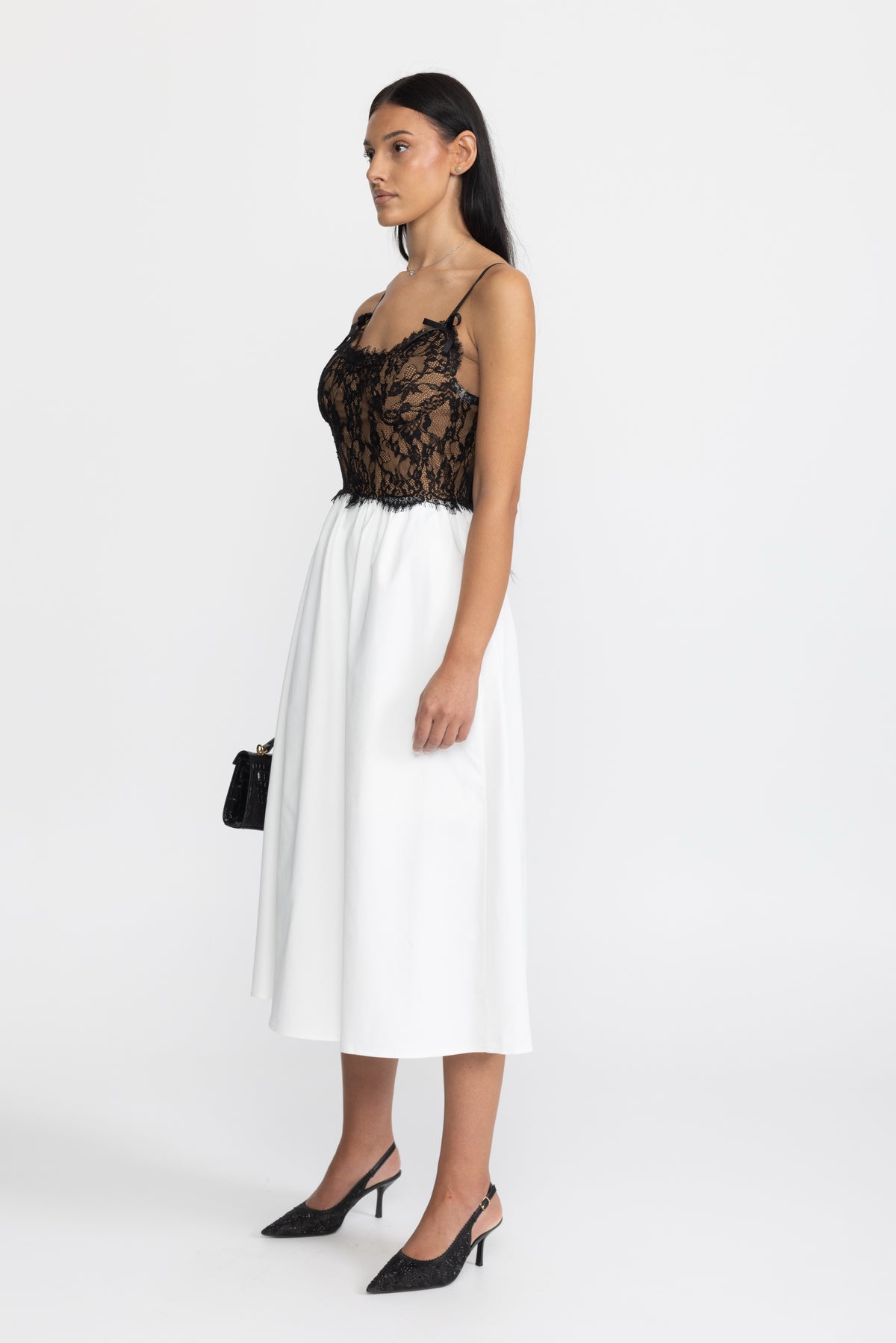 Abito midi in popeline con bustier in pizzo - nero e bianco