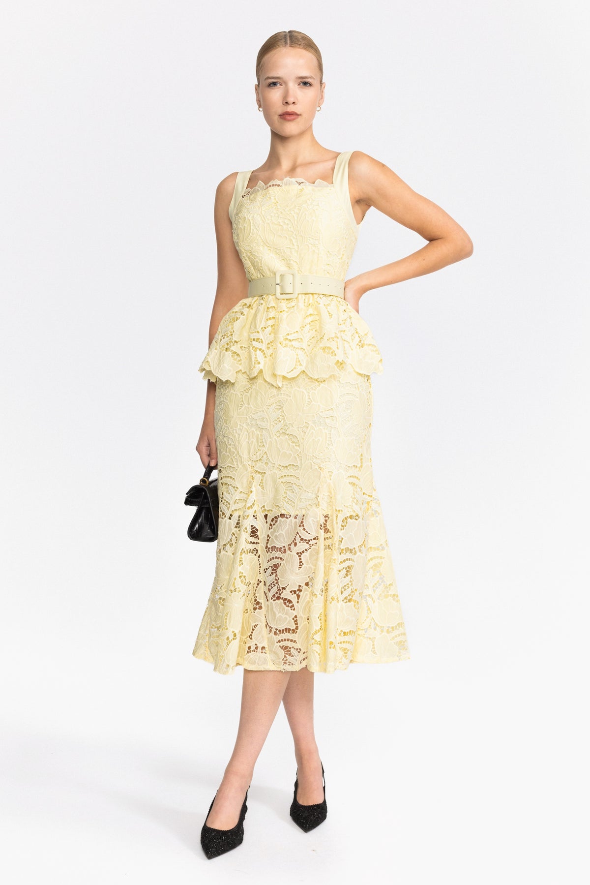 Set top peplo e gonna midi in pizzo guipure - Giallo
