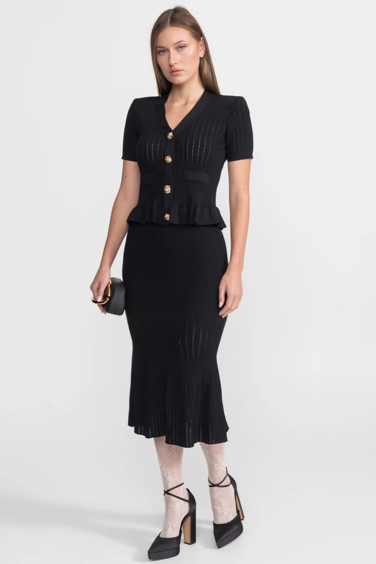 Knit Midi Co-Ord with Peplum Waist and Gold Buttons – Black