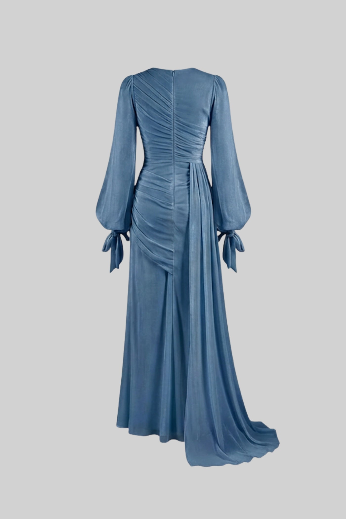 Abito lungo drappeggiato a maniche lunghe con vita arricciata – baby blue