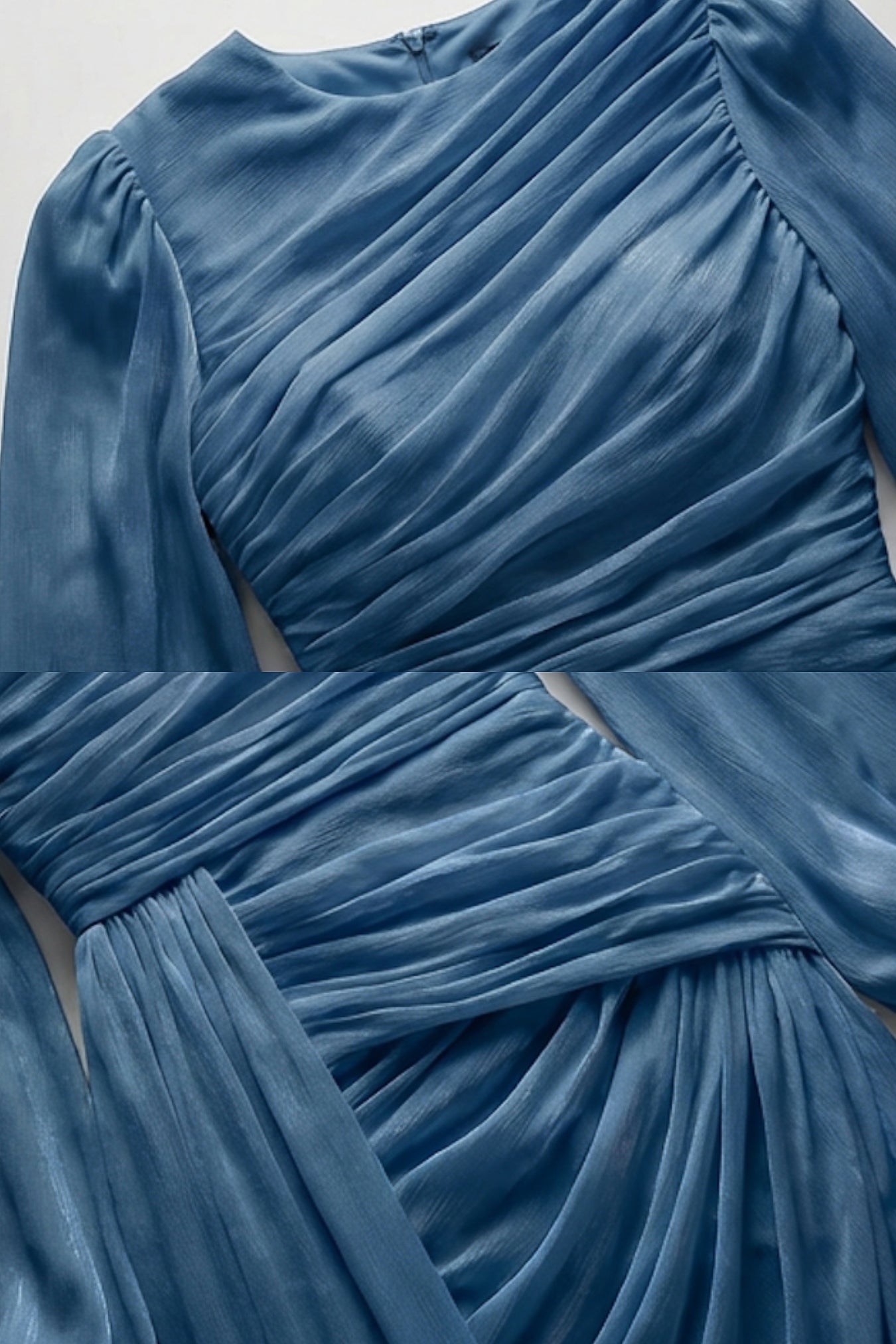 Abito lungo drappeggiato a maniche lunghe con vita arricciata – baby blue