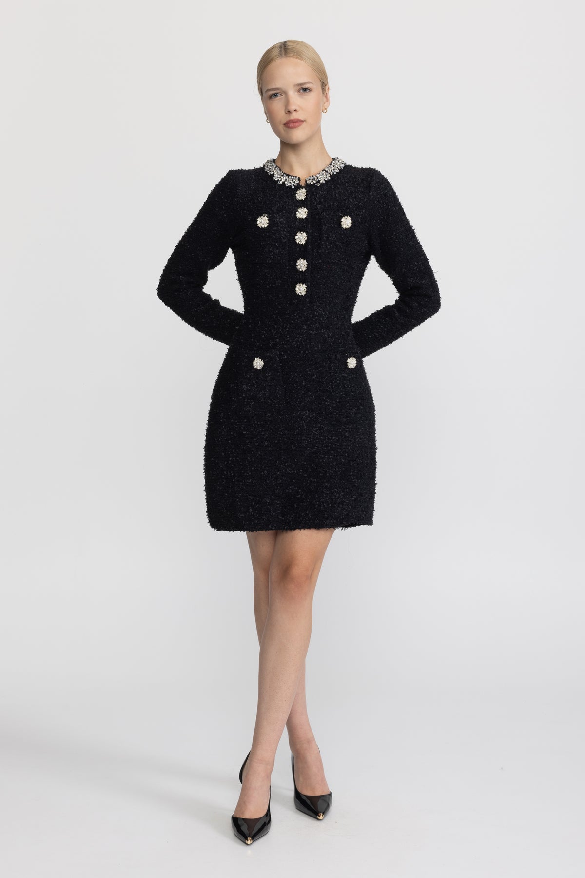 Mini abito in maglia bouclé con cristalli applicati - Nero