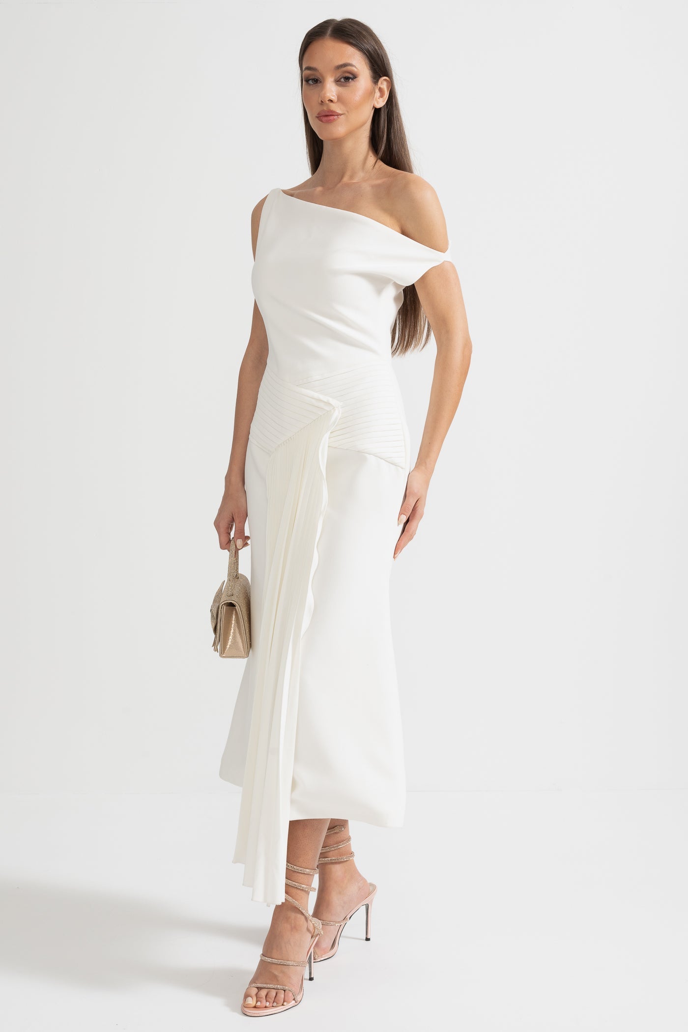 Off-Shoulder Midi Dress With Pleated Waist Detailing - White