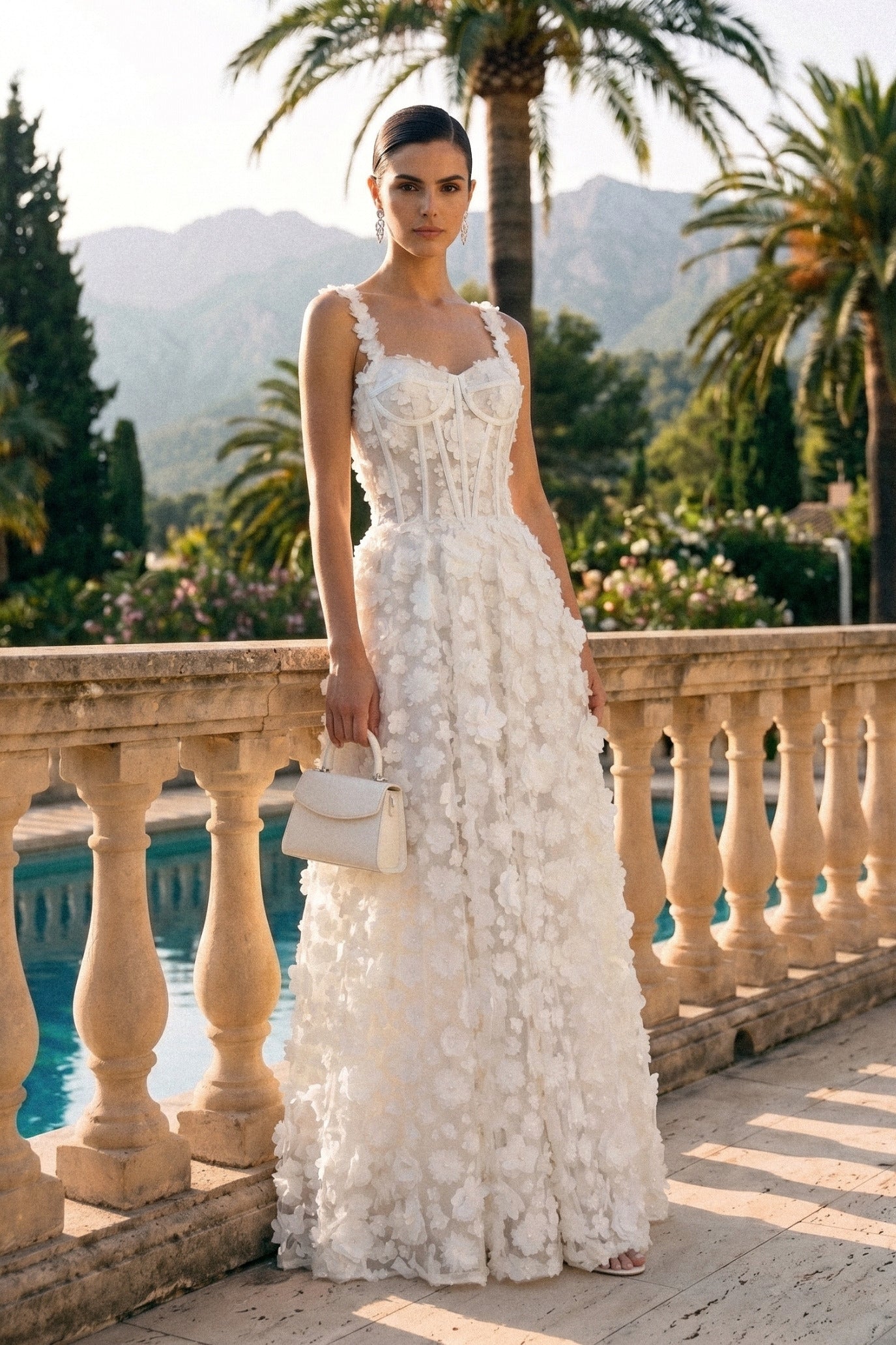 Abito Maxi con Applicazioni Floreali e Corpino Corsetto - Bianco