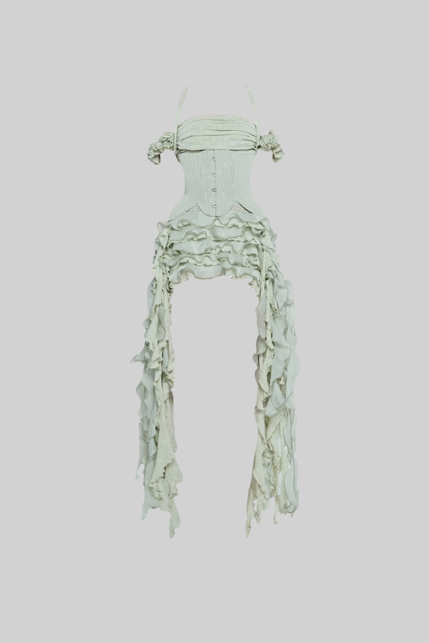 Abito corsetto d'ispirazione vintage con bustier arricciato e dettagli laterali fluenti con volant - Verde