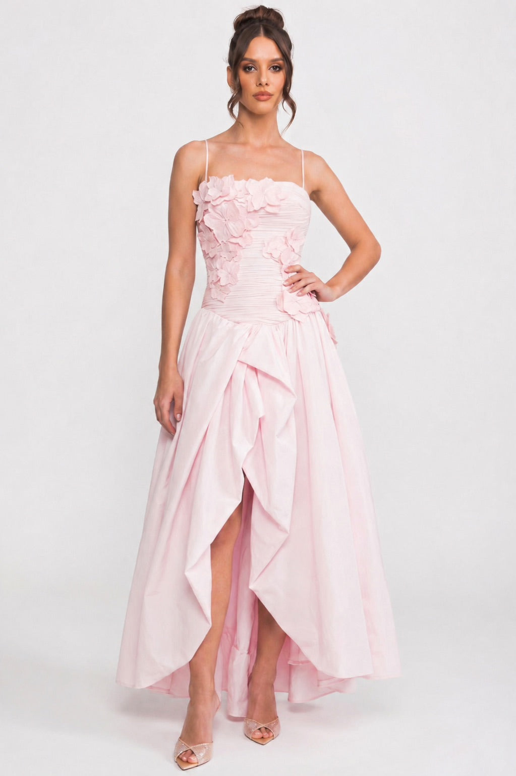 Abito da ballo senza spalline con corpetto floreale 3D e gonna ampia - Pink
