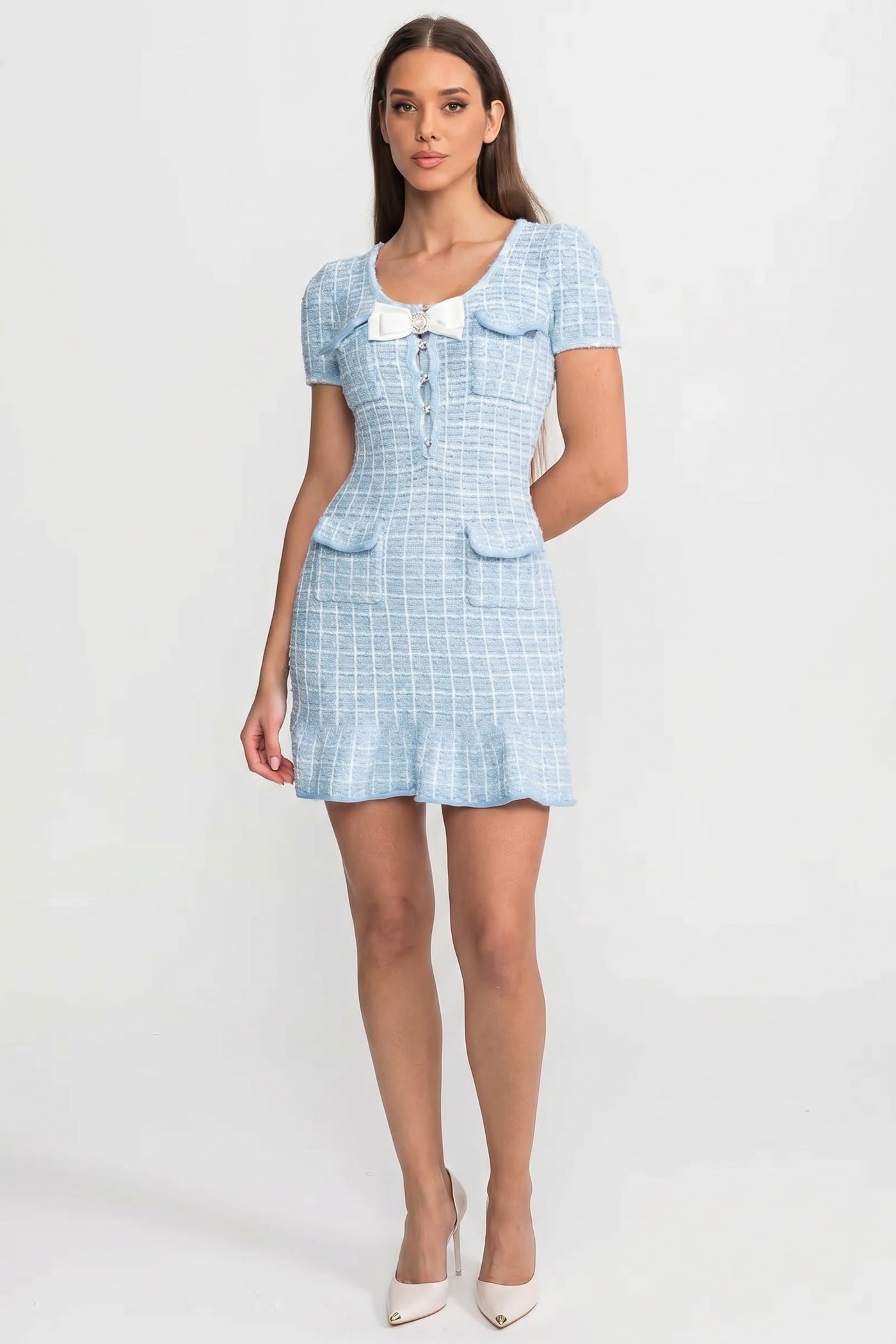 Abito Mini in Tweed Testurizzato con Dettaglio a Fiocco – Baby Blue