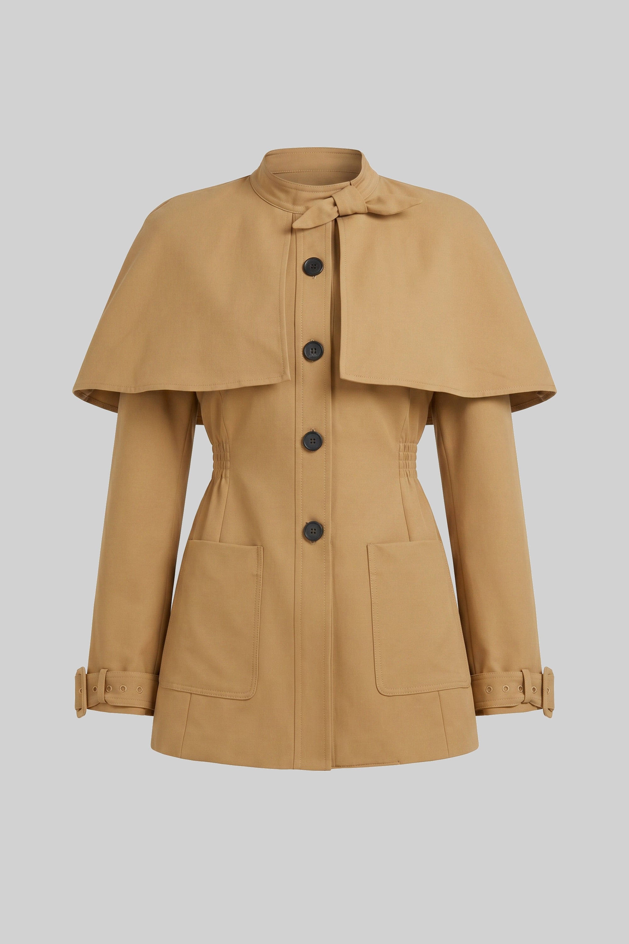 Button-Front Coat-Dress With Structured Cape Overlay - Khaki