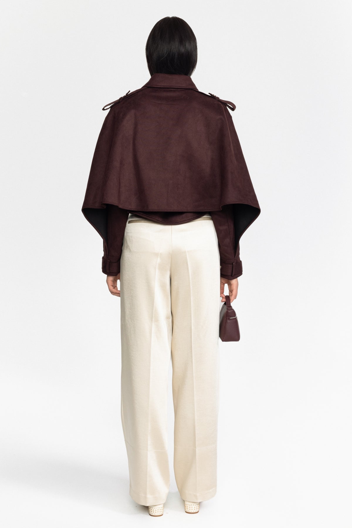 Giacca mantella in suede con cintura - Burgundy