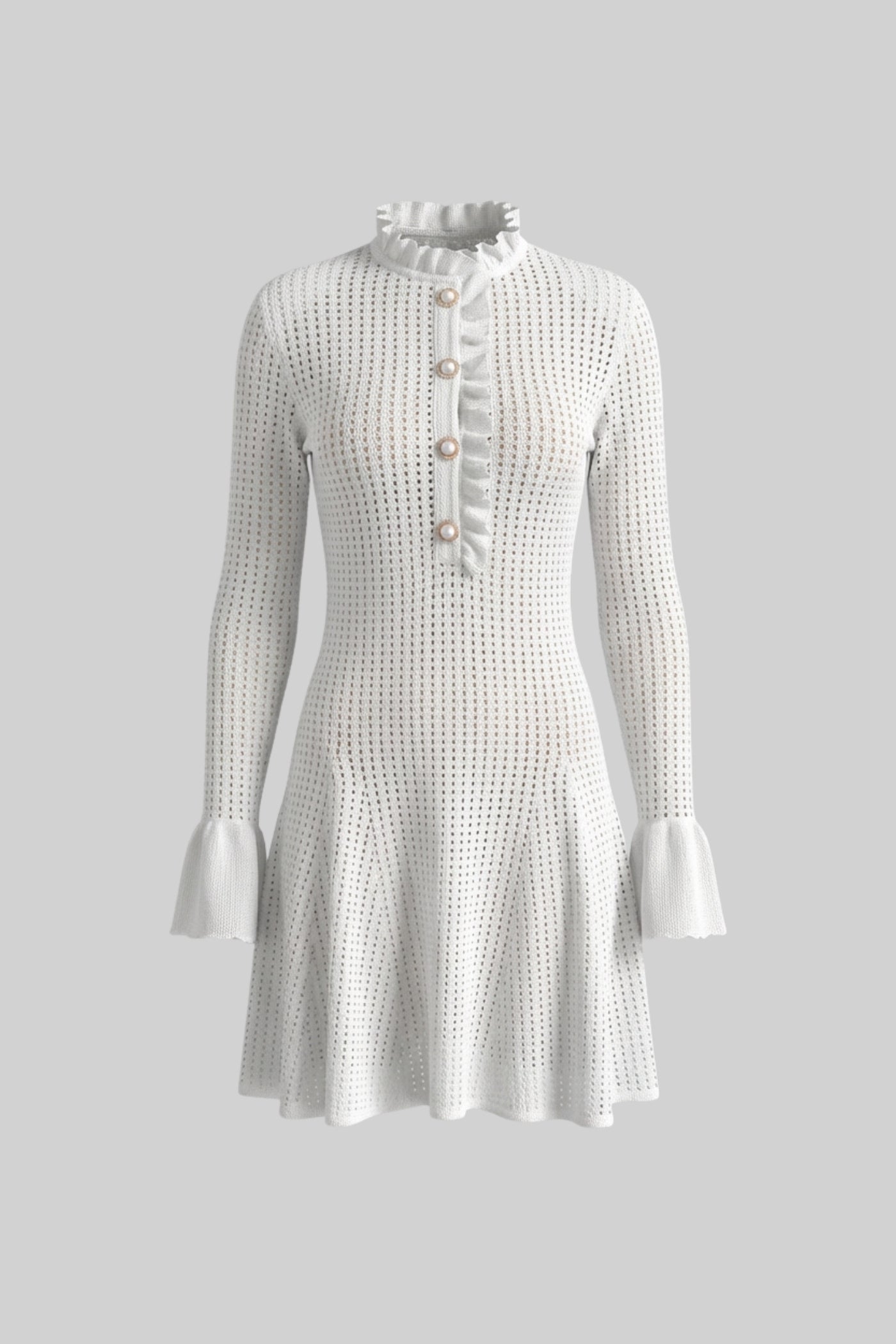 Open-Knit Mini Dress With Ruffle High Neck And Pearl Button Placket - White