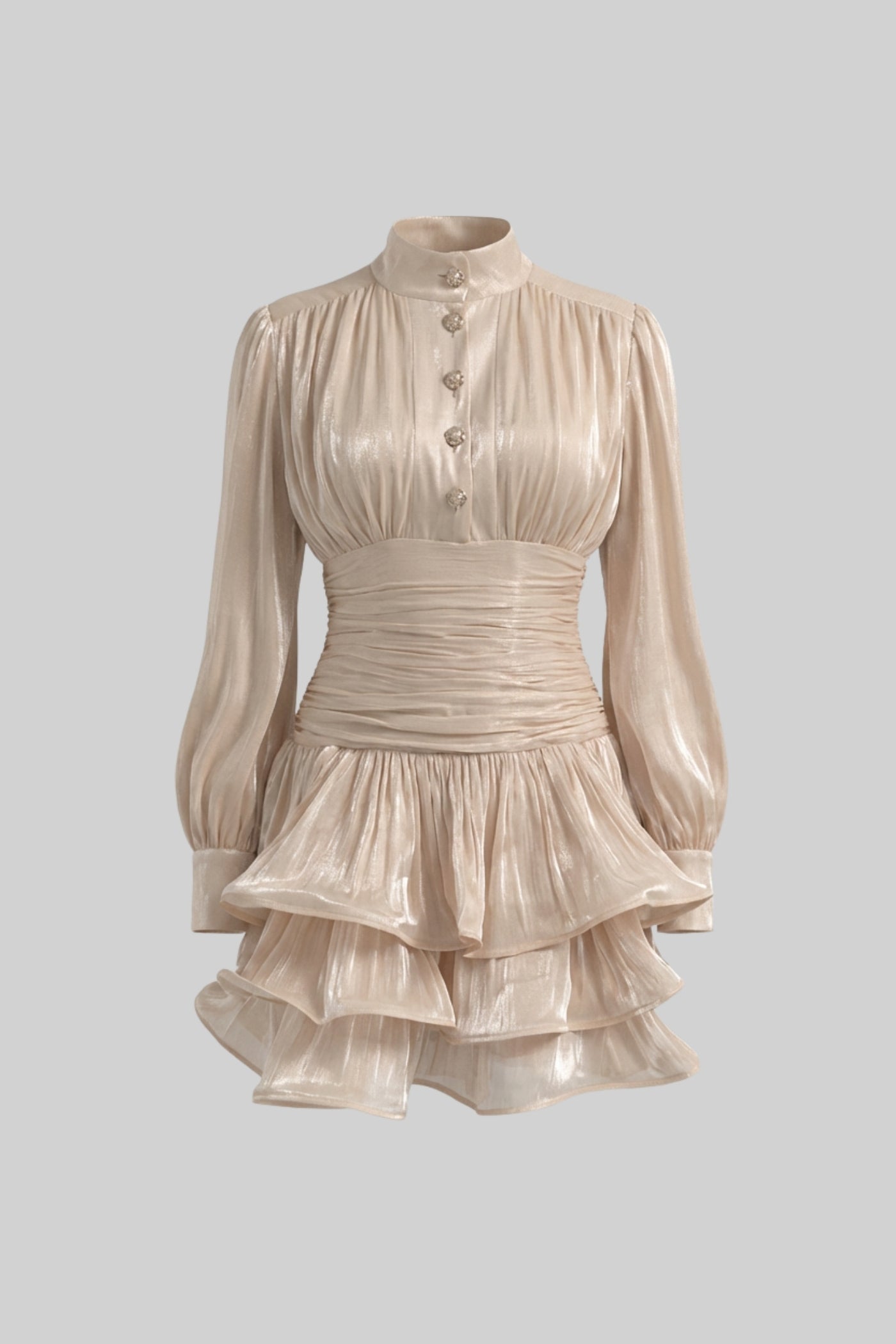 Abito Mini Drappeggiato a Maniche Lunghe con Gonna a Balze a Strati - Champagne