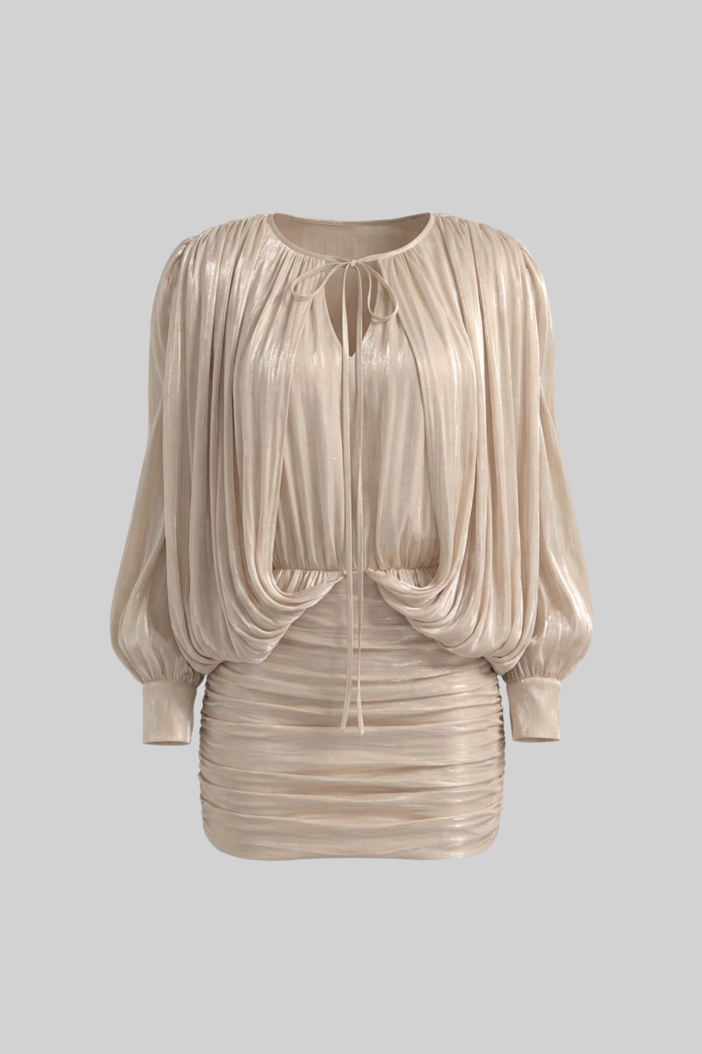 Draped Long Sleeve Mini Dress With Batwing Sleeves - Champagne