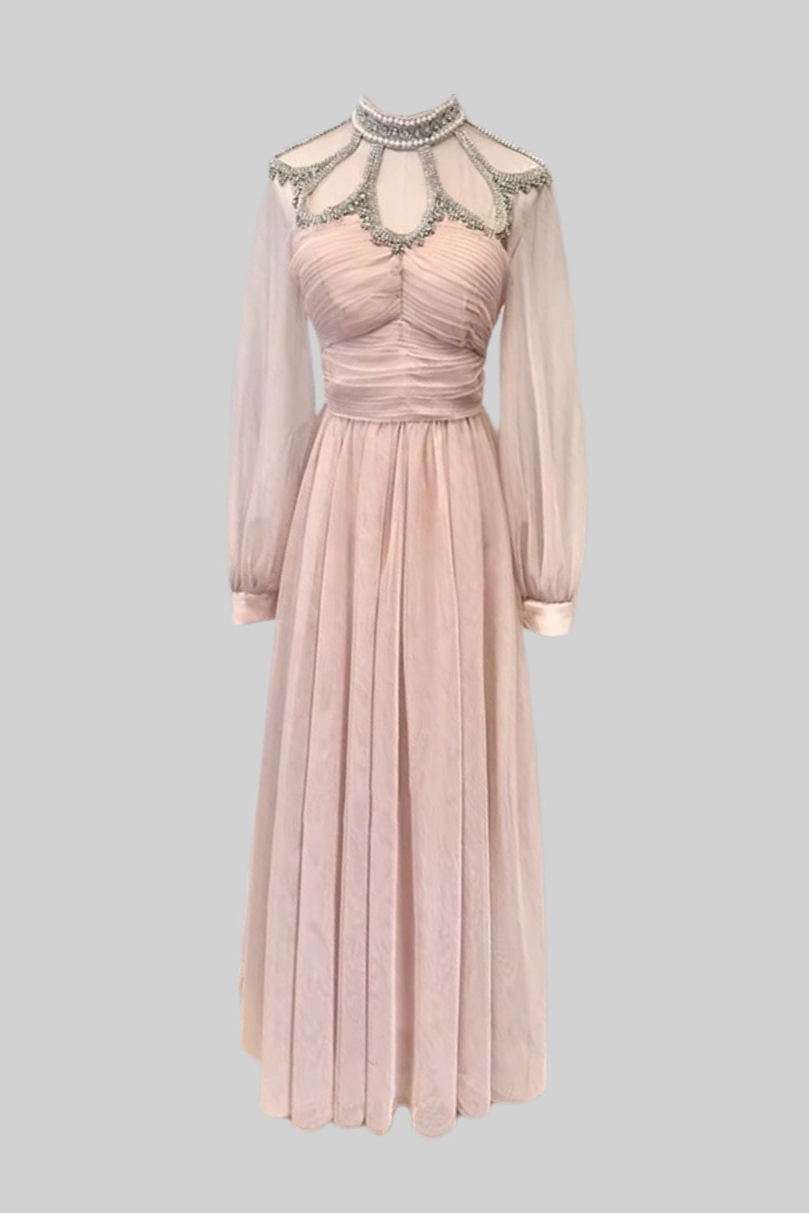 Elegant Dress With Long Sleeves, High Neckline And Ruched Bodice - Peach