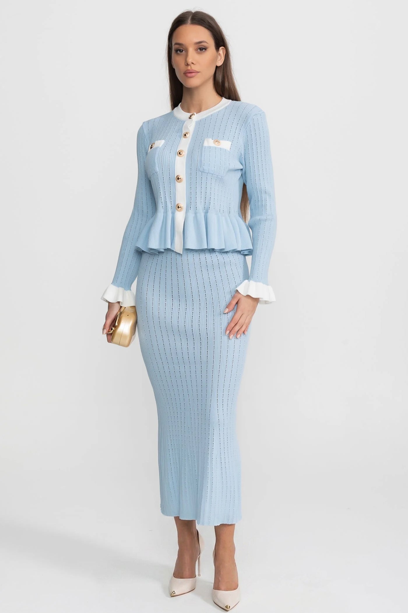 Pointelle Knit Midi Co-Ord with Contrast Trim – Baby Blue
