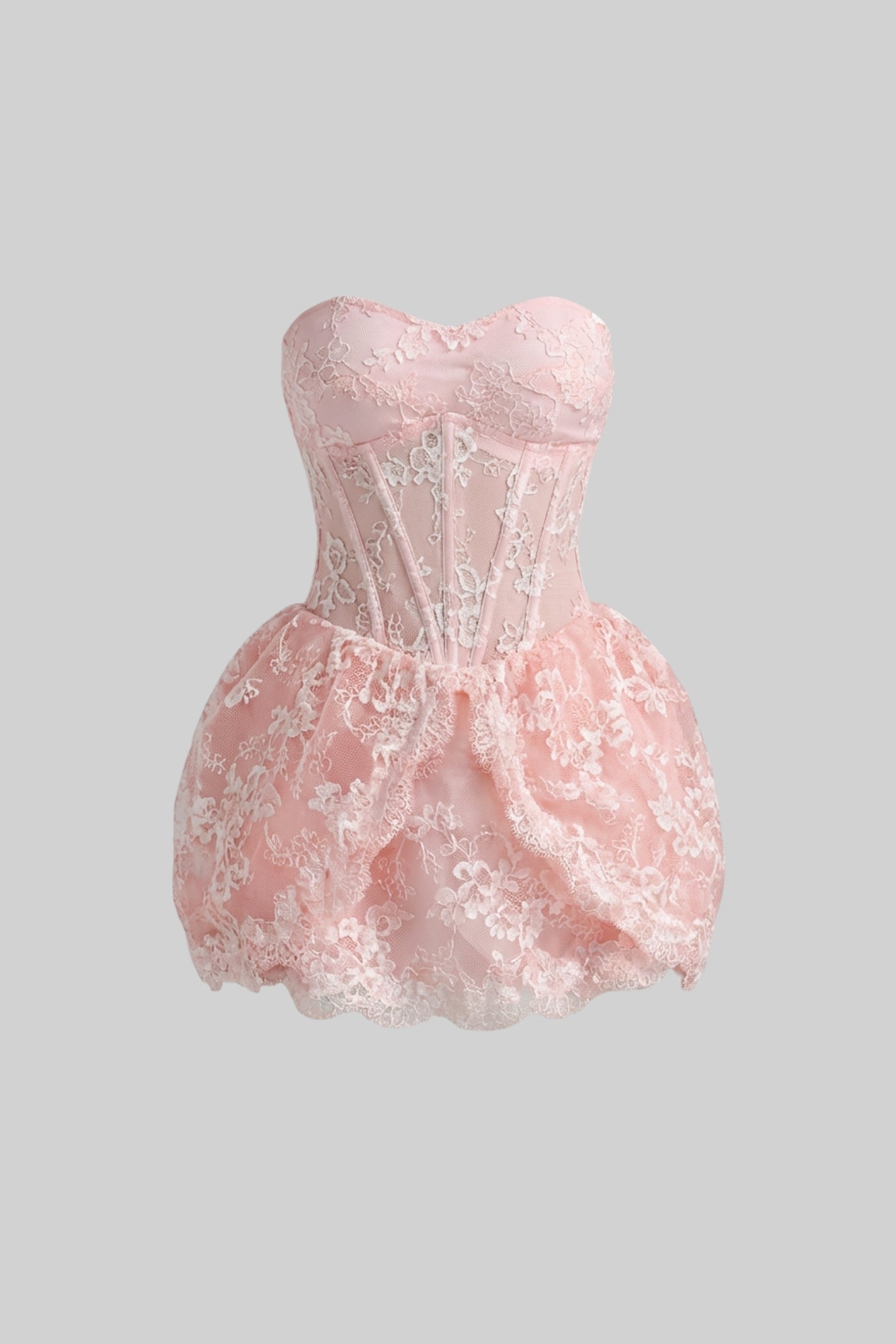 Abito Mini in Pizzo Senza Spalline con Corsetto e Gonna a Sbuffo - Blush Pink