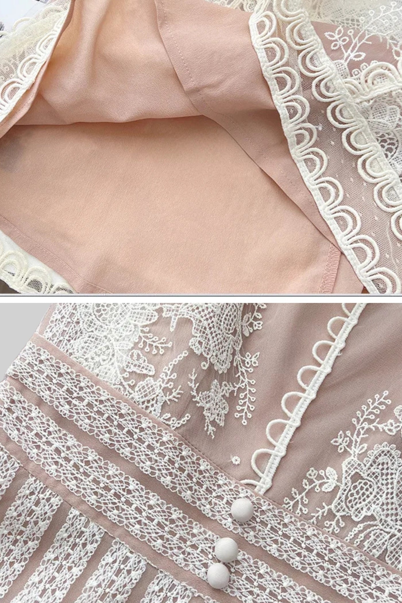 Abito Mini con Maniche a Capo, Inserto Trasparente e Dettaglio di Bottoni in Perla - Ivoire