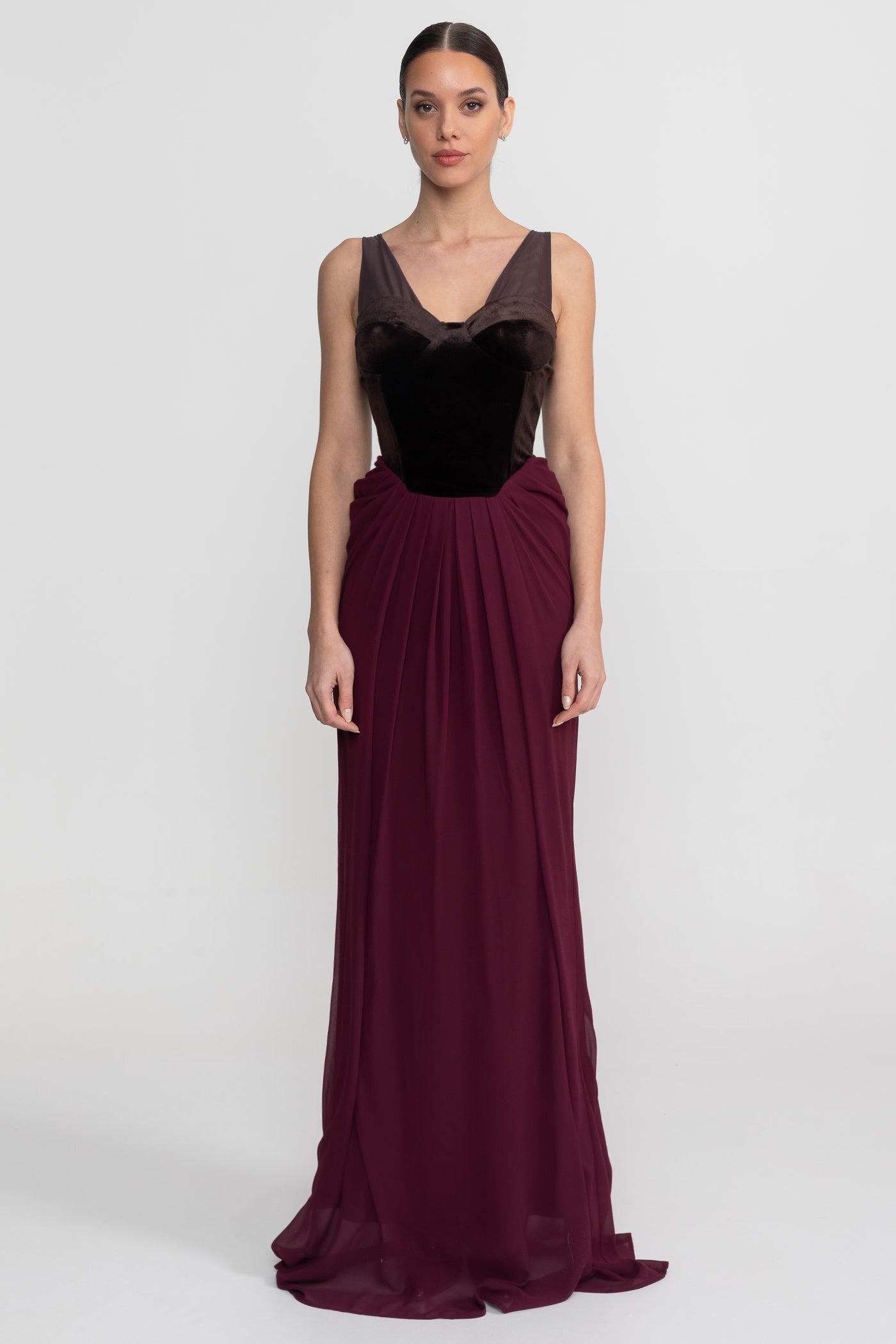 Abito Maxi con Corsetto in Velluto e Gonna Fluttuante - Bordeaux