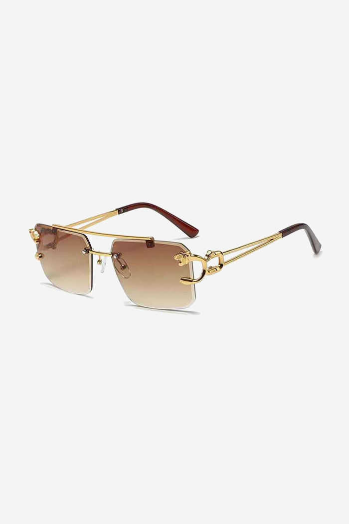 Rimless Square Sunglasses with Gold Panther Detail and Double-Bar Temples – Brown