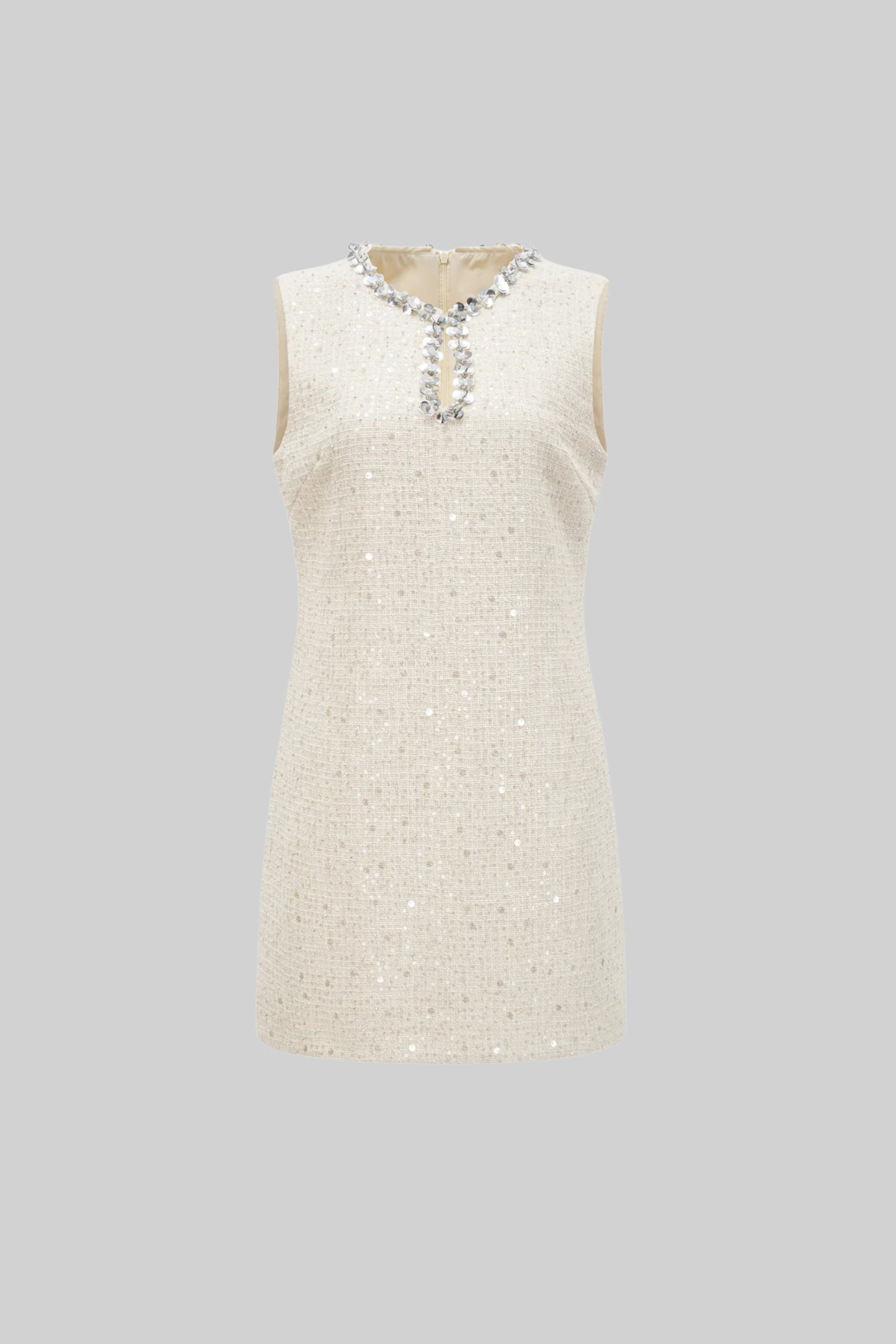 Textured Sleeveless Mini Dress With Sparkling Collar Details - Ivoire