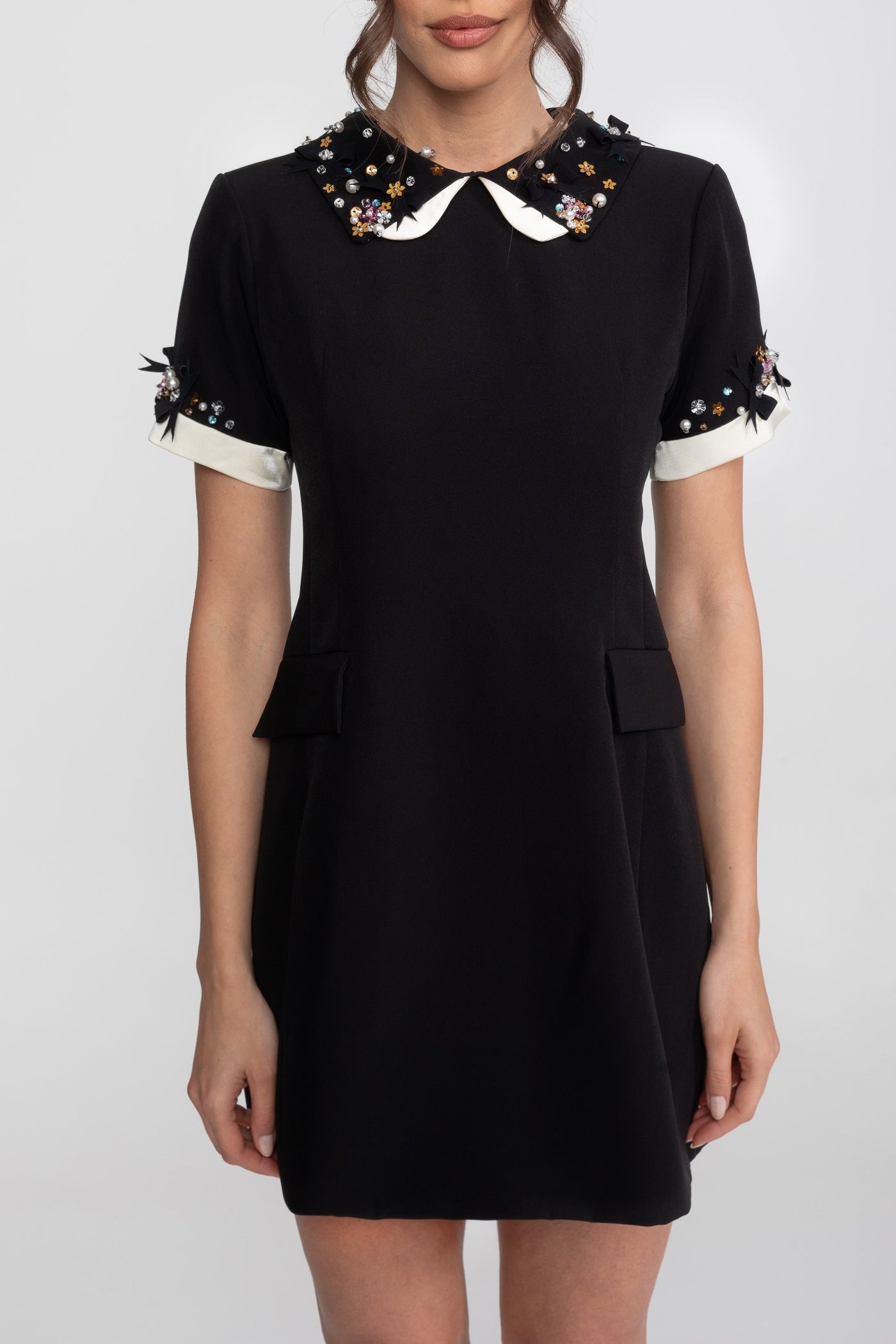 Mini Dress With Crystal-Embellished Peter Pan Collar And Jewel Cuffs - Black