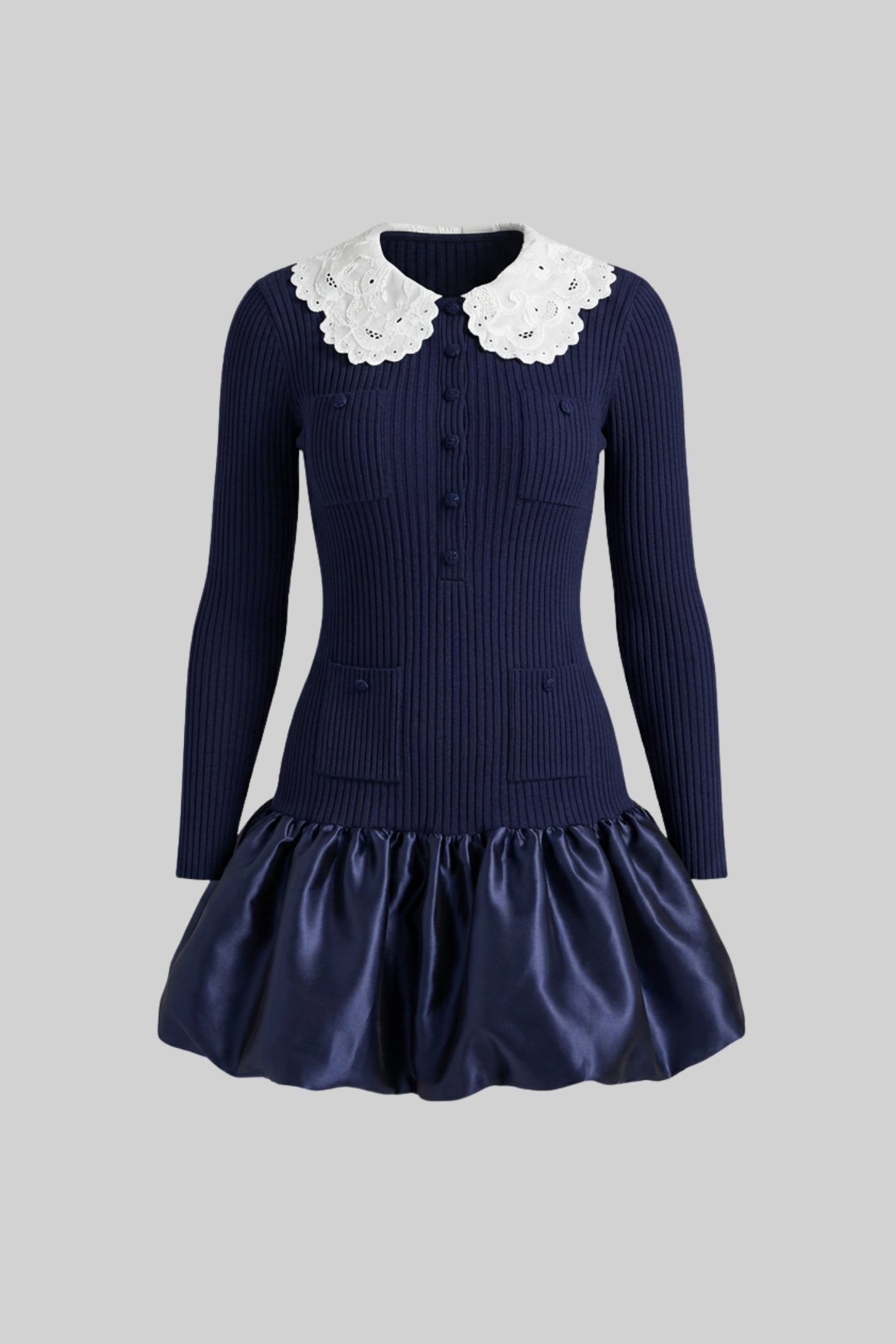 Abito Mini in Maglia a Maniche Lunghe con Colletto in Broderie - Navy