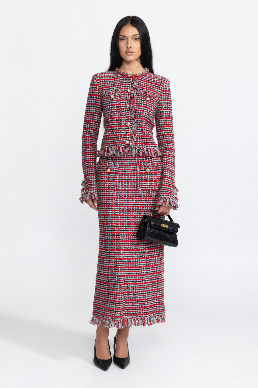 Fringed Tweed Jacket and Midi Skirt Co-ord Set - Red Multi