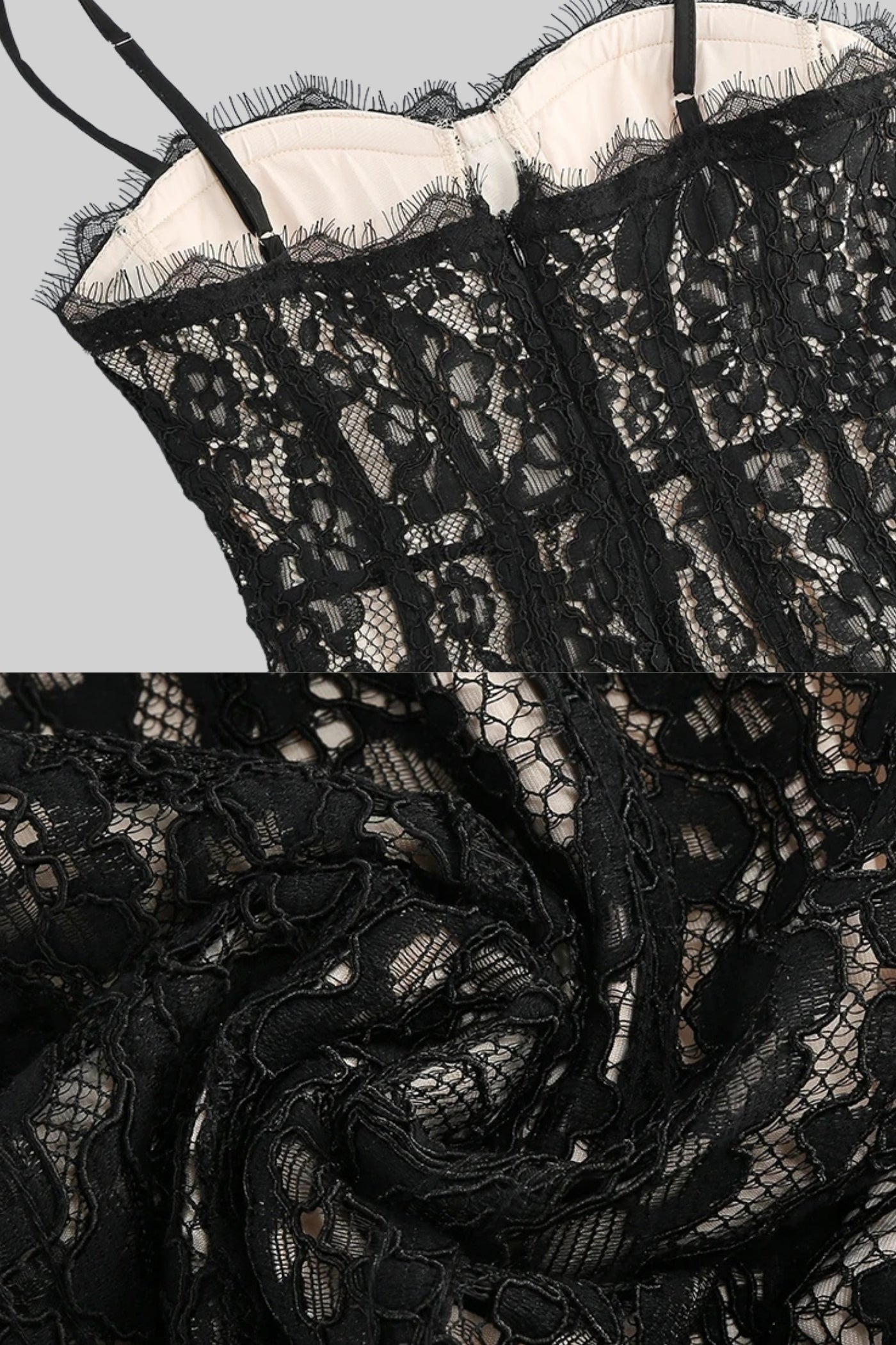 Abito Midi in Pizzo con Corsetto Trasparente - Nero