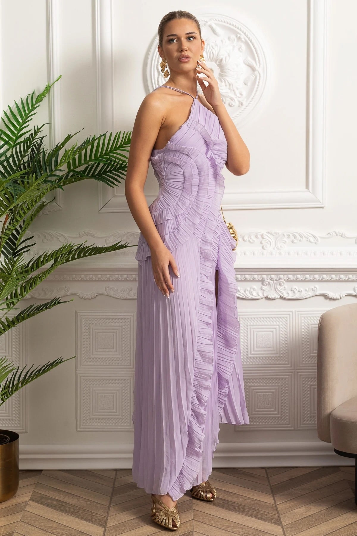 Pleated Halter Midi Dress With Cascading Ruffle Details - Lavender