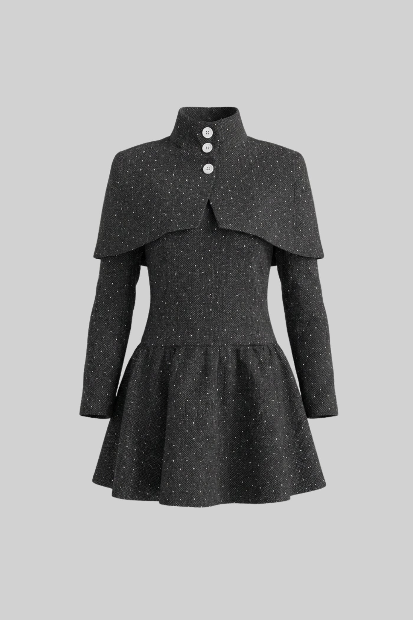 Abito Mini a Maniche Lunghe con Sovrapposizione Mantella Staccabile - Carbone