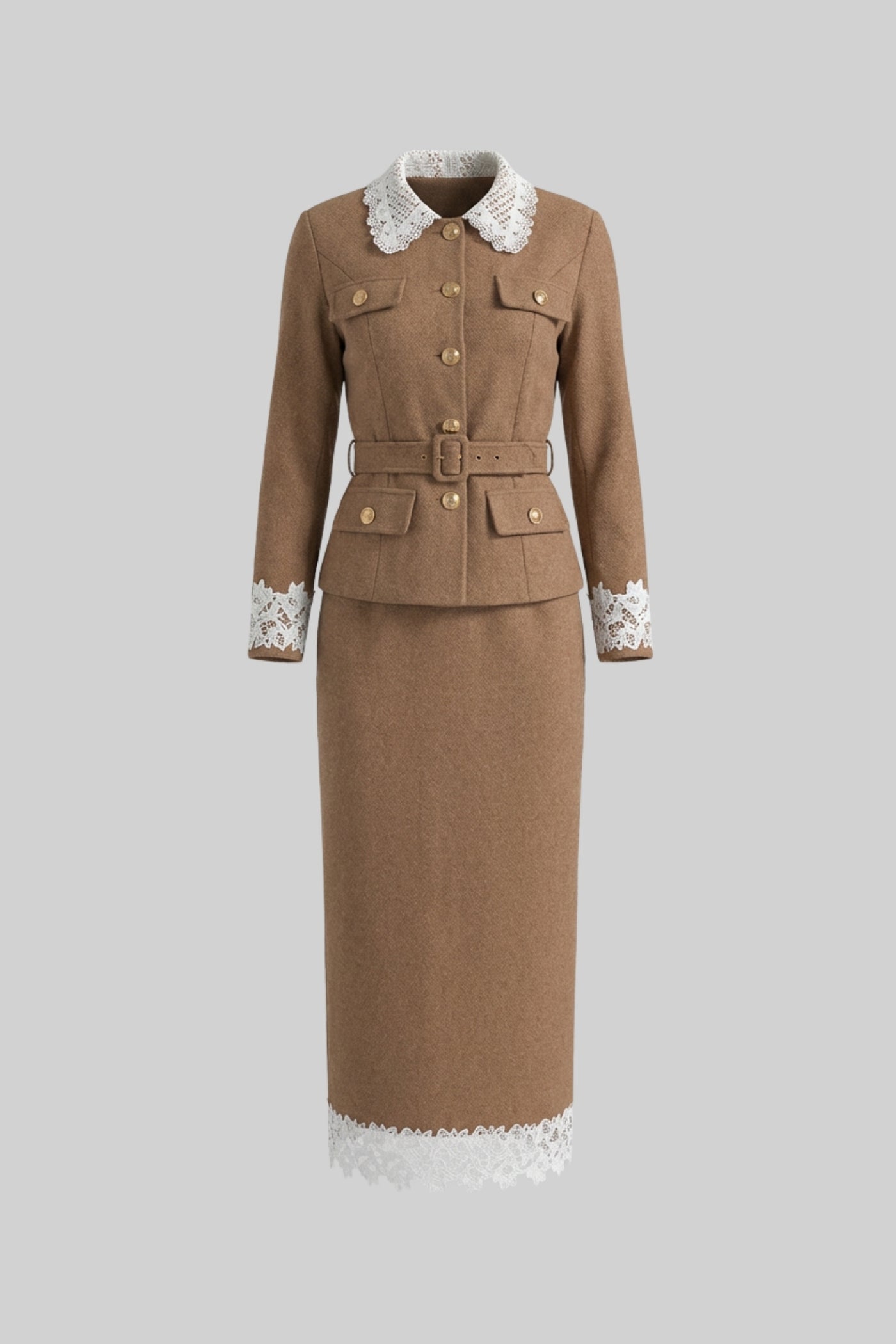 Tailored Co-Ord Set With Lace Trim Detailing - Camel