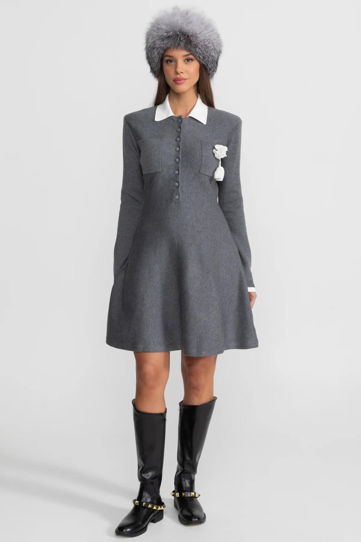 Mini Dress with Contrast Collar and Floral Brooch - Gray