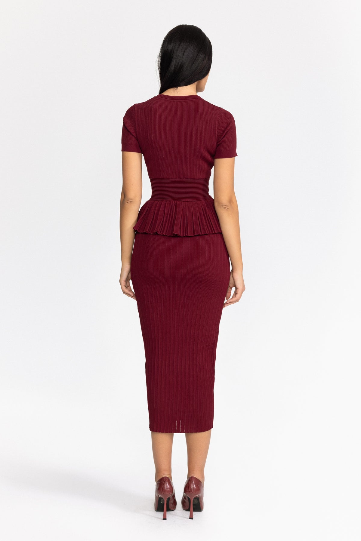 Pleated Peplum Knit Pencil Midi Dress - Wine