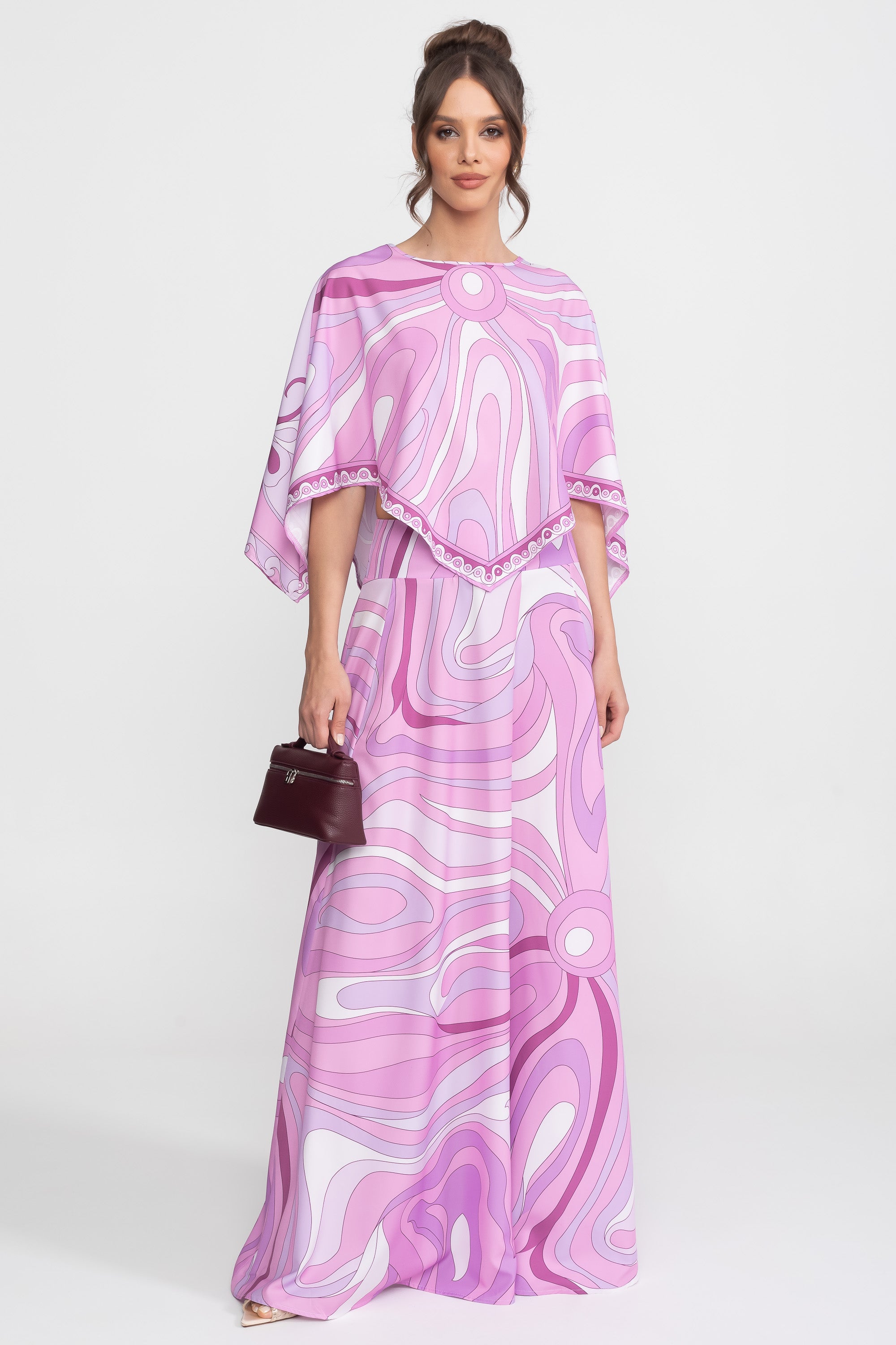 Set coordinato con top a mantella stampato e gonna maxi - Rosa