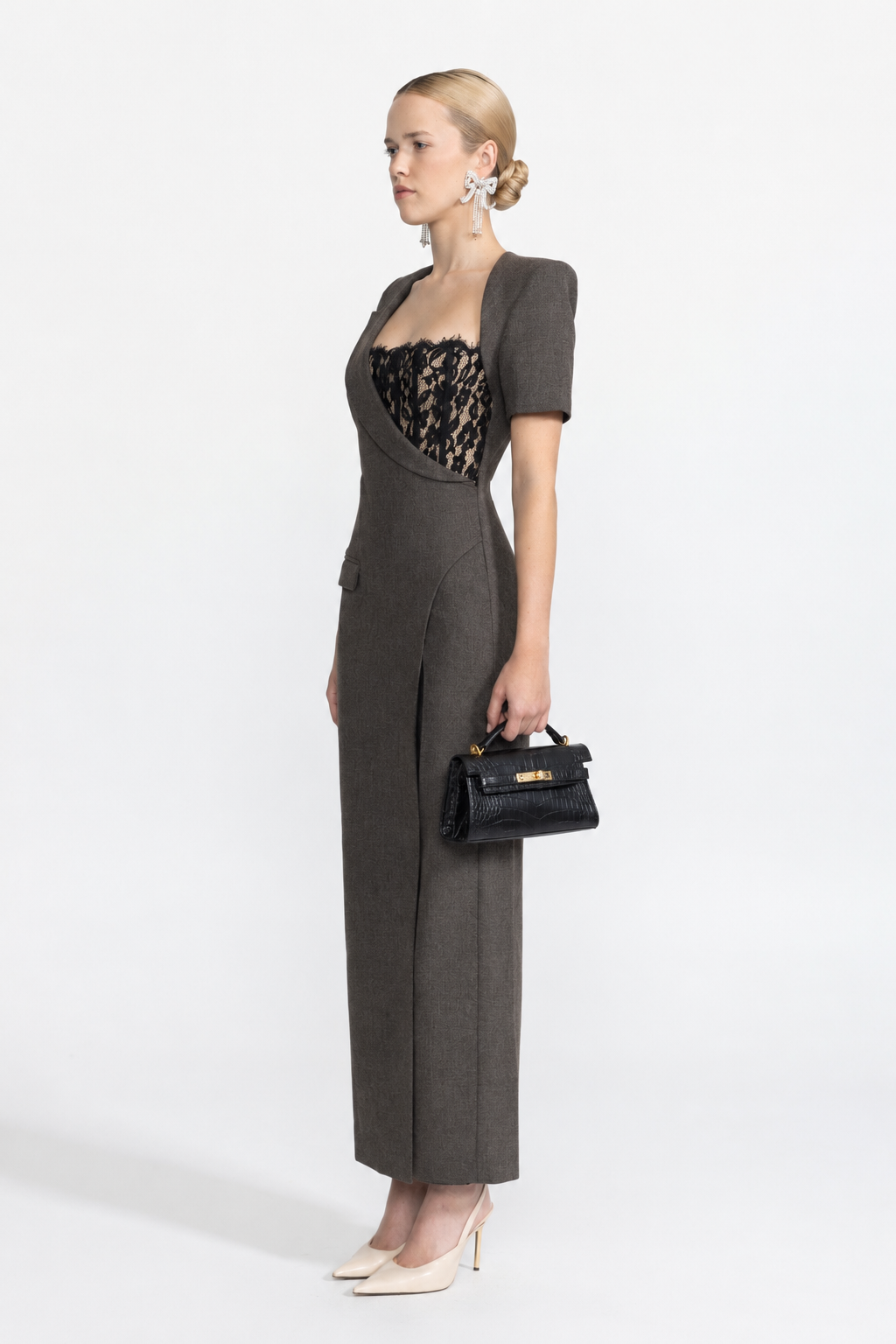 Abito maxi blazer asimmetrico con bustier in pizzo - antracite