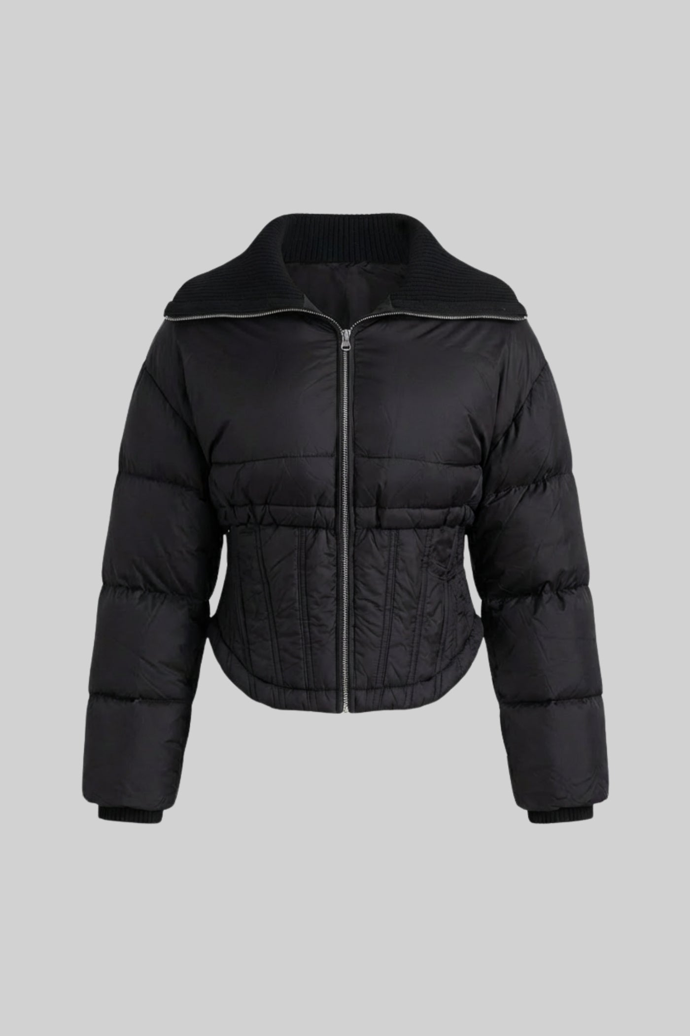 Giacca Puffer Corta con Dettaglio Corsetto in Vita - Nero