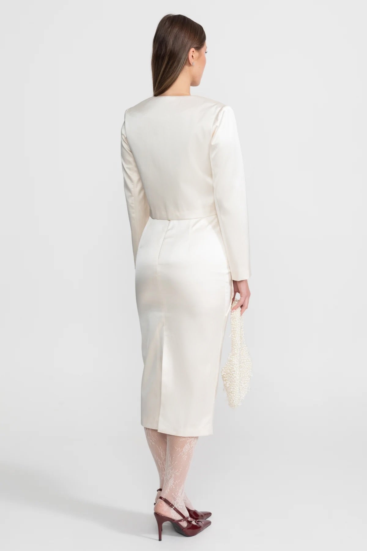 Gonna a Matita in Taffetà con Fiocco e Dettagli Floreali - Ivoire