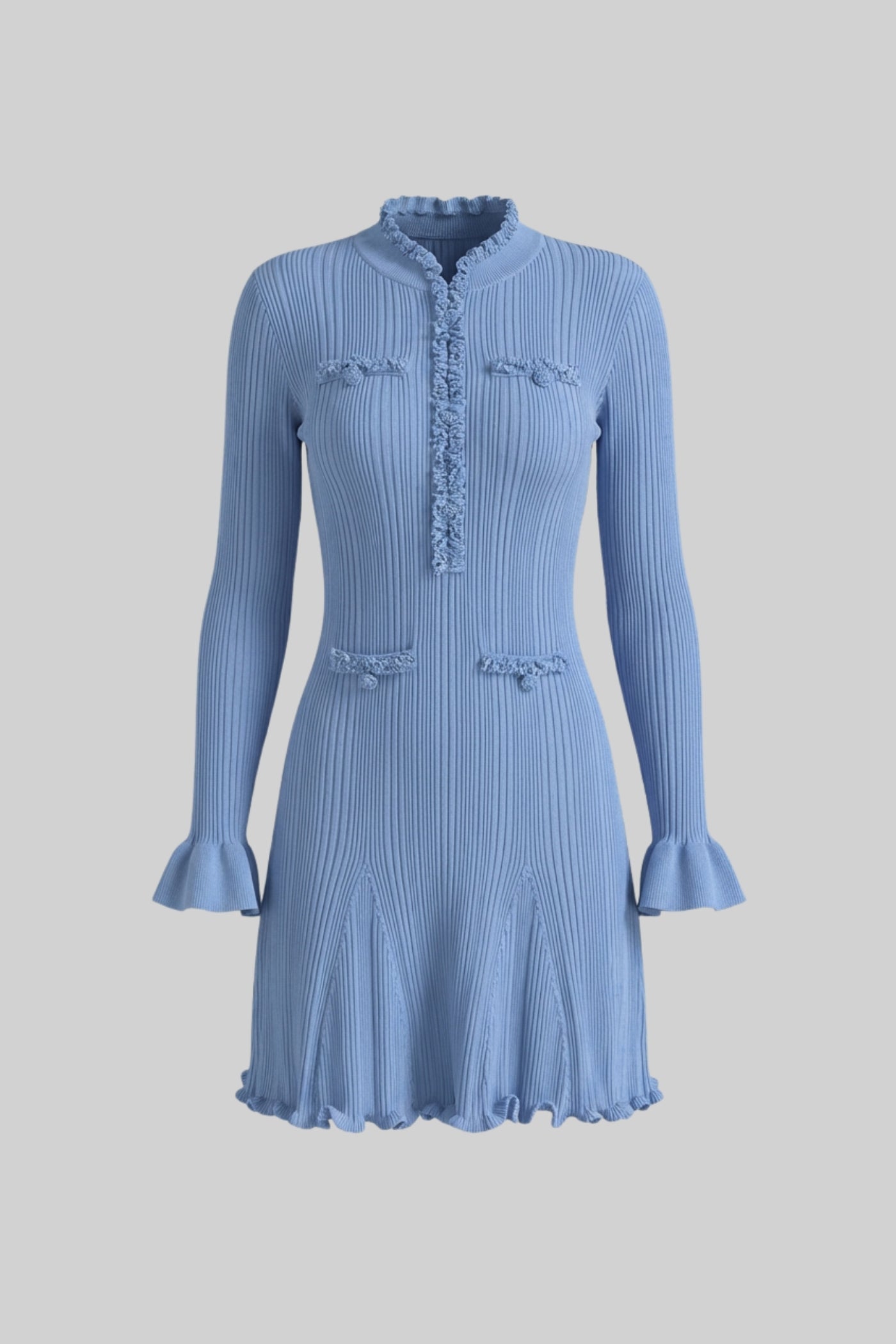 Ribbed Knit Mini Dress With Beaded Trim Detailing - Blue