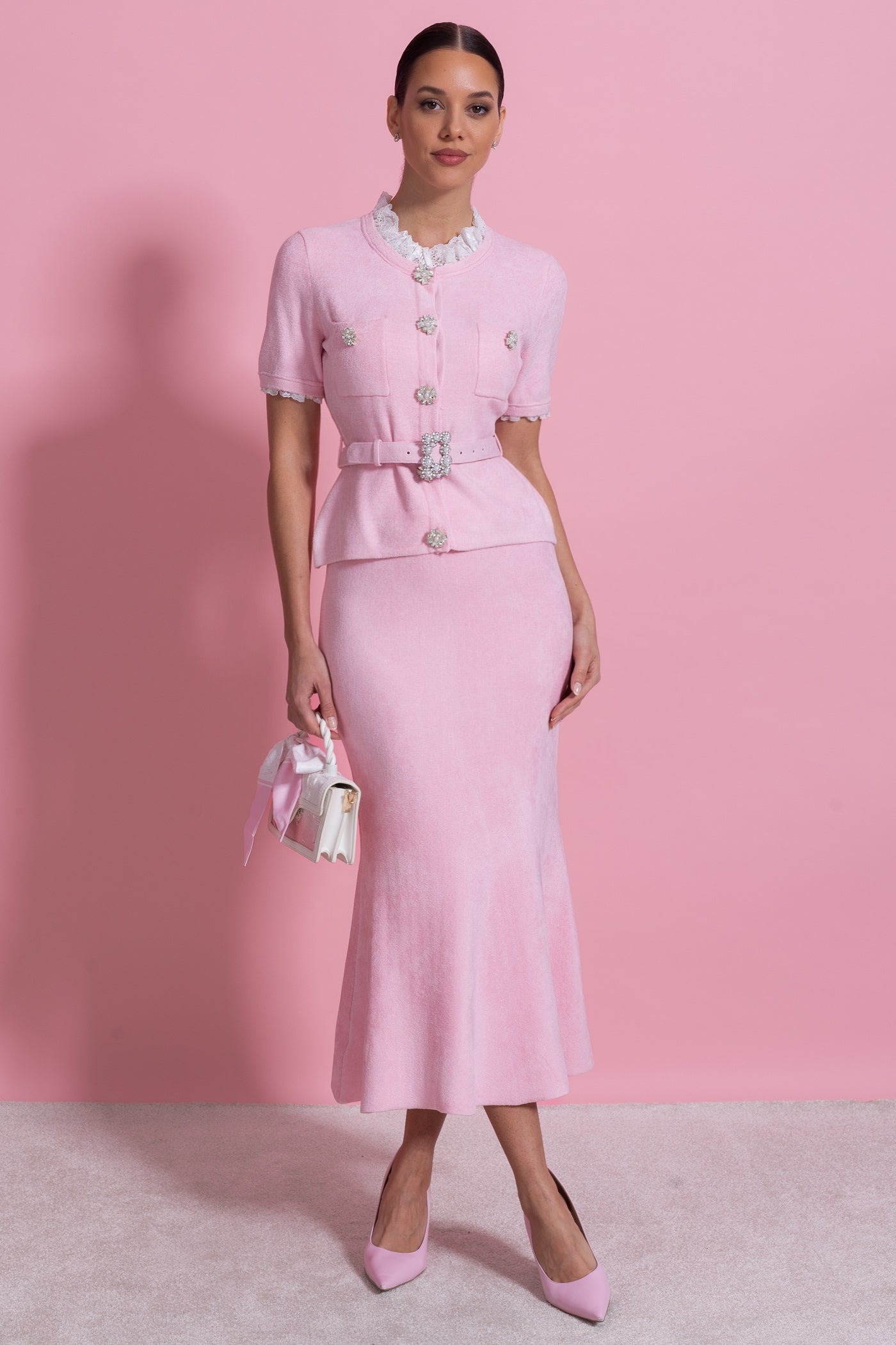 Coordinato a Maniche Corte con Vita a Peplo e Cintura con Bottoni di Cristallo - Blush Pink