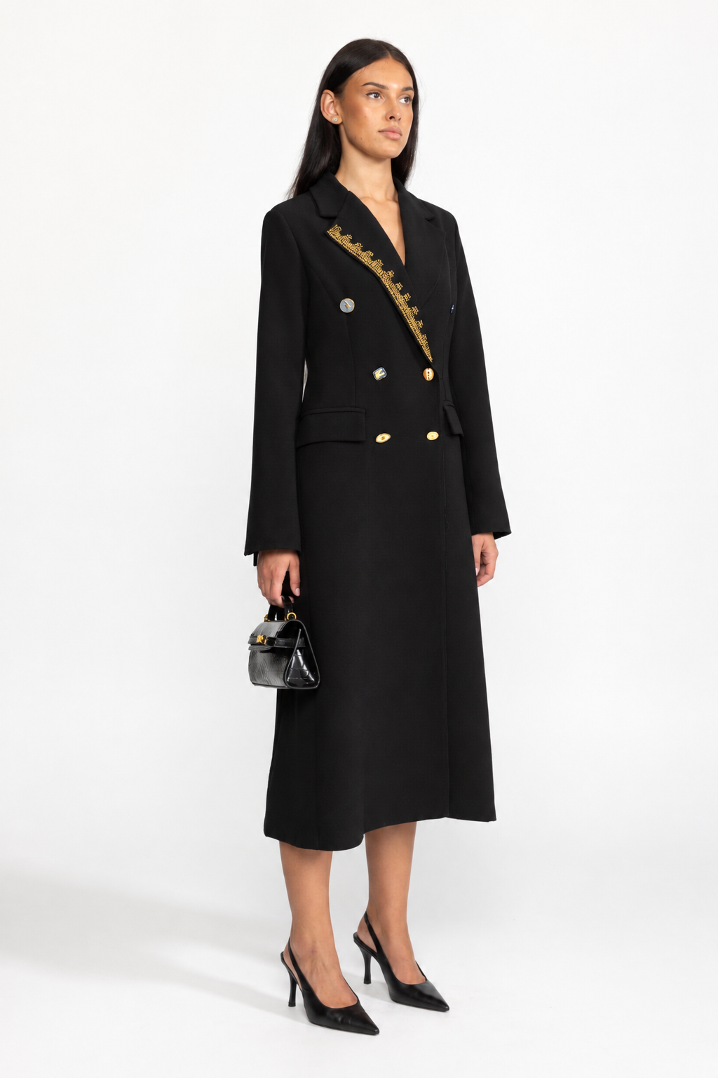 Cappotto lungo doppiopetto con rever decorato - Nero