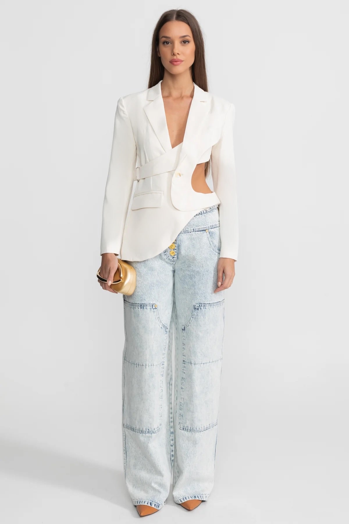 Asymmetric Cut-Out Blazer with Belt Detail - White