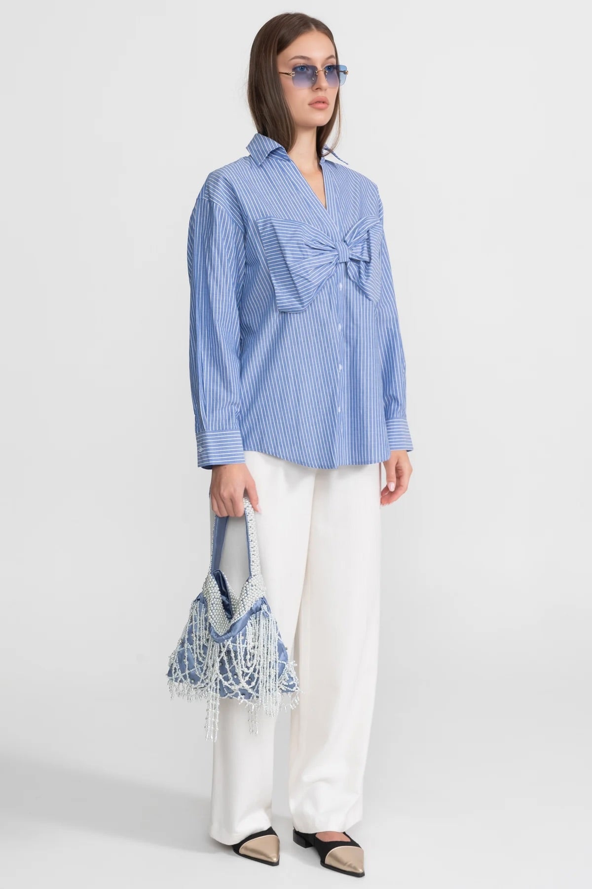 Striped Cotton Shirt With Oversized Bow Detail – Blue