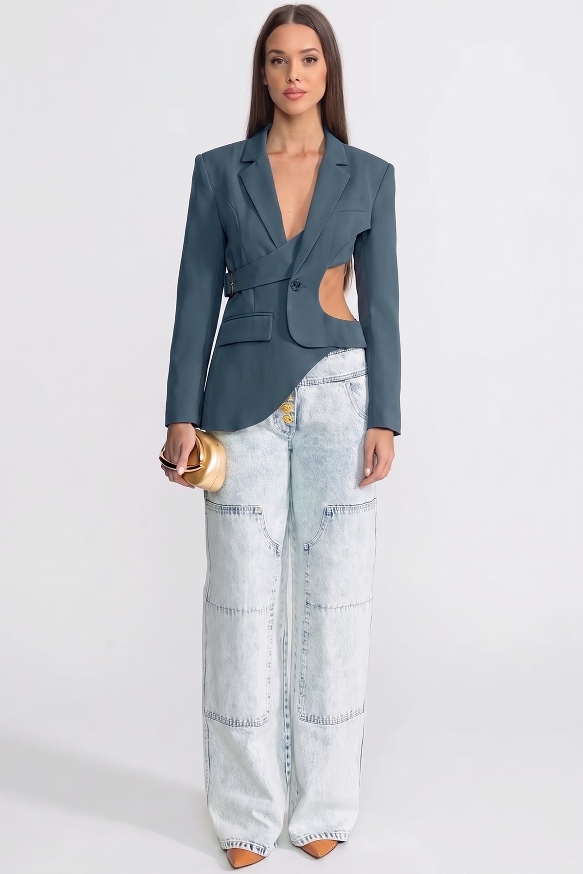 Blazer asimmetrico cut-out con dettaglio cintura - verde petrolio