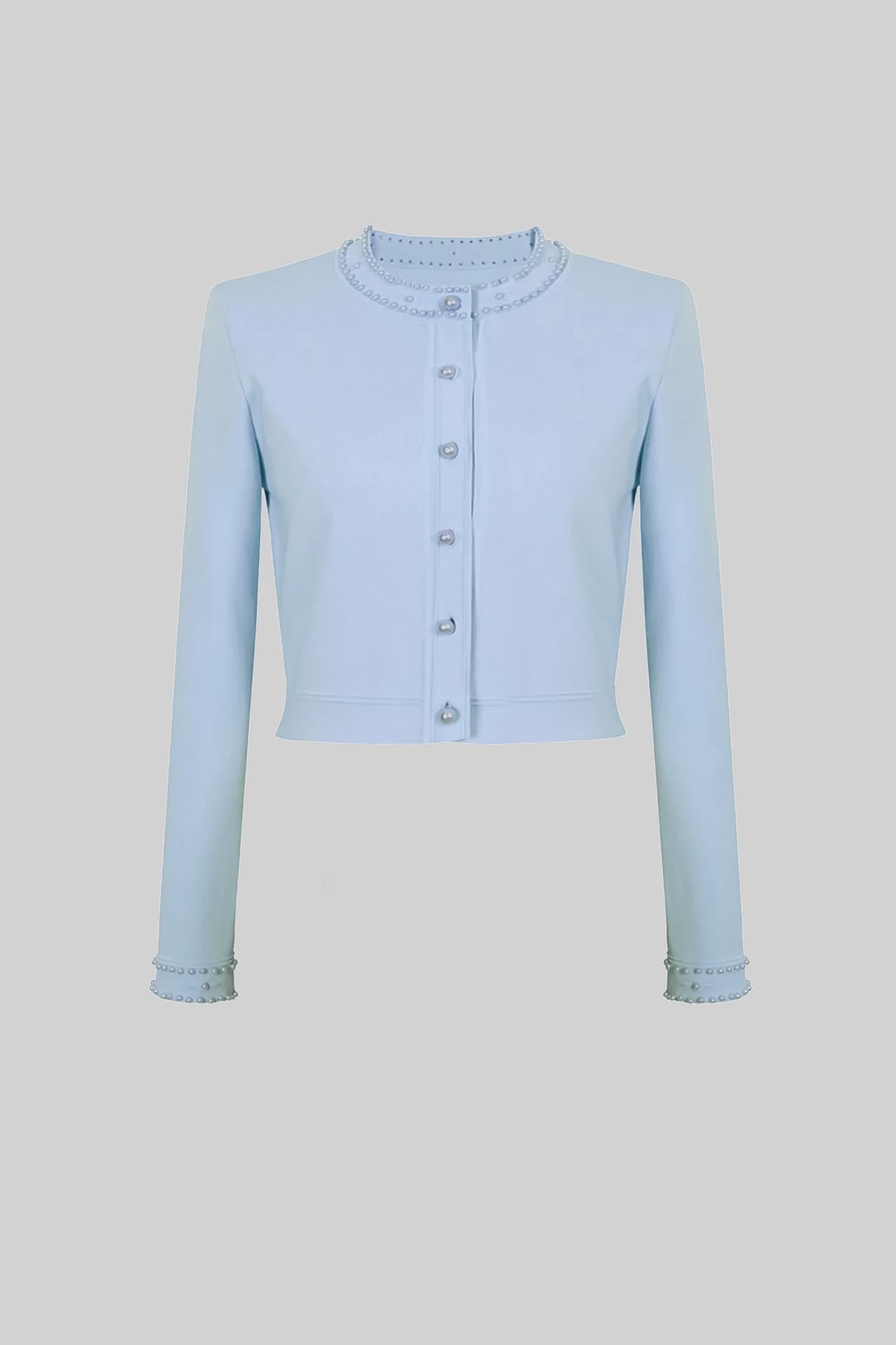 Knitted Cardigan With Pearl Buttons And Embellishments - Blue